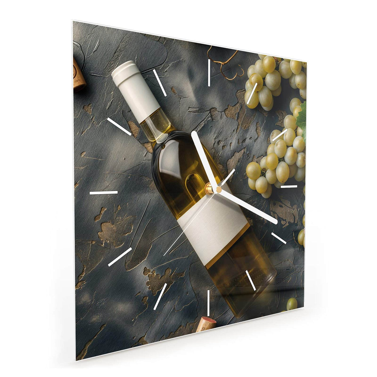 Quadratische Wanduhr aus Glas Weißwein mit Trauben schräg von der Seite, 4 mm starkes Glas