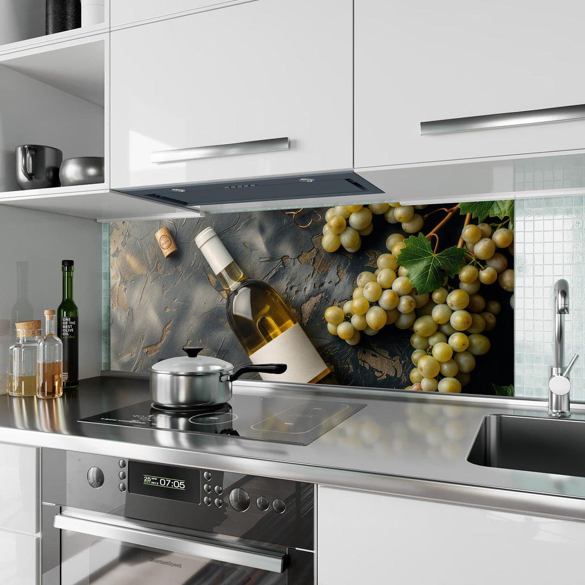 Küchenrückwand aus Glas Weißwein mit Trauben im Hochformat als Spritzschutz hinter dem Kochfeld, über dem Fliesenspiegel montiert