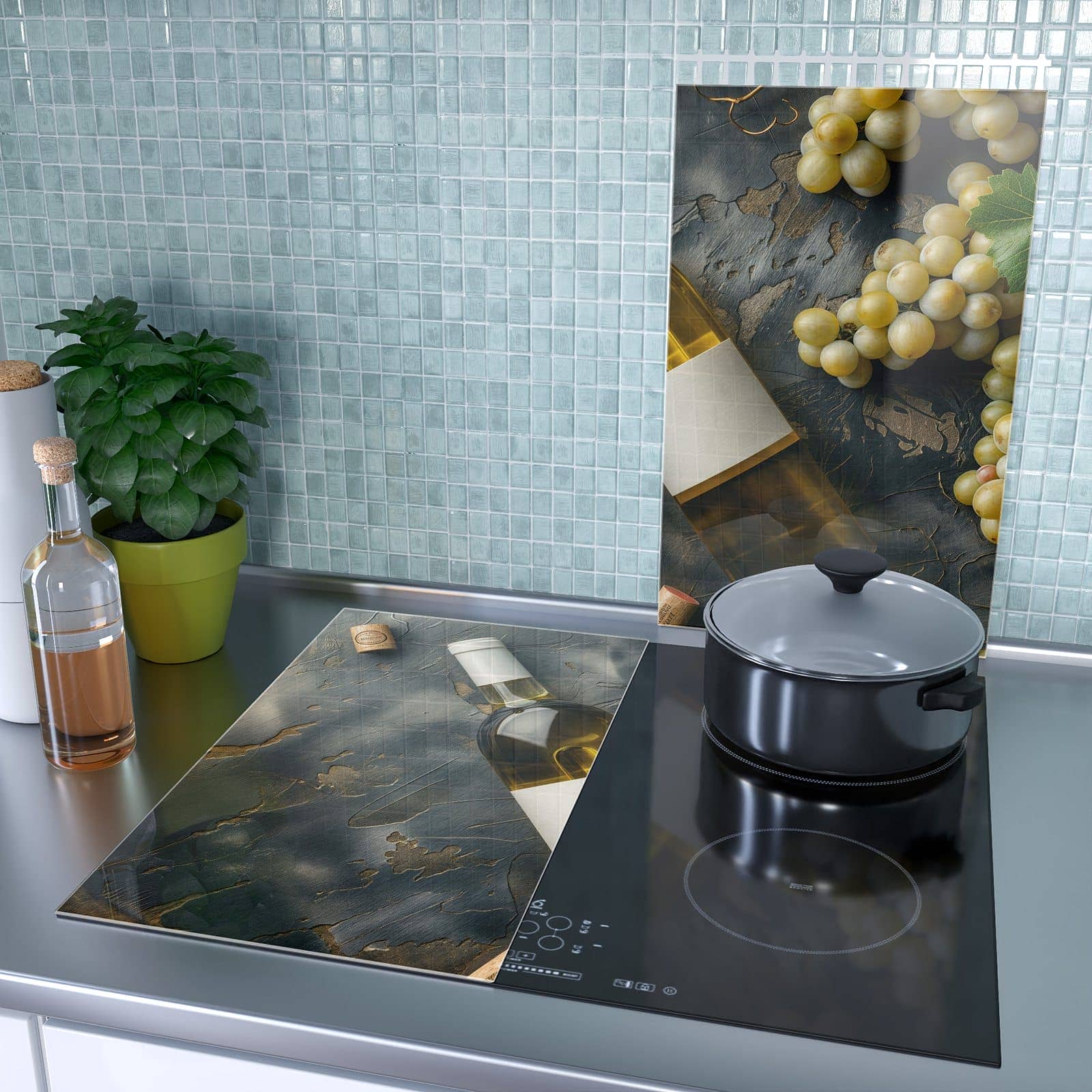 2-teilige Herdabdeckplatten aus Glas mit Weintrauben mit Wein-Motiv als Spritzschutz hinter dem Kochfeld