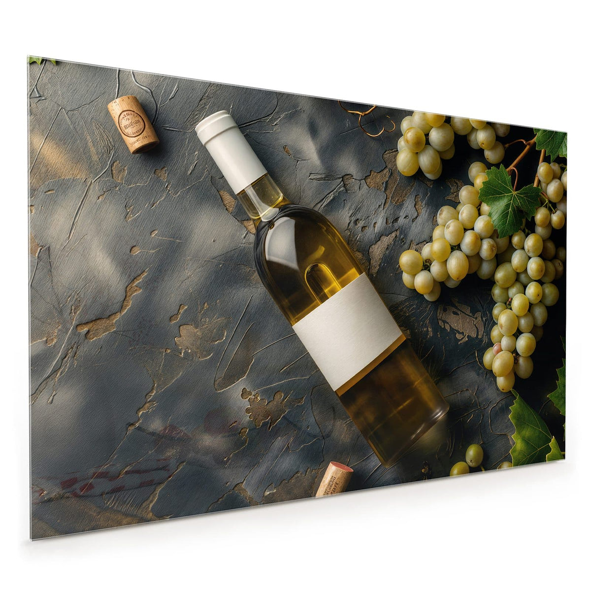 Küchenrückwand aus Glas im Hochformat: Liegende Weißweinflasche mit Naturkorken auf dunklem Schiefer, daneben helle Trauben