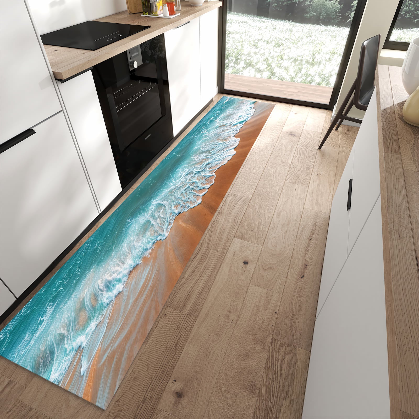 Feuchtigkeitsresistenter Teppichläufer mit Motiv Sandstrand Wellen in moderner Küche