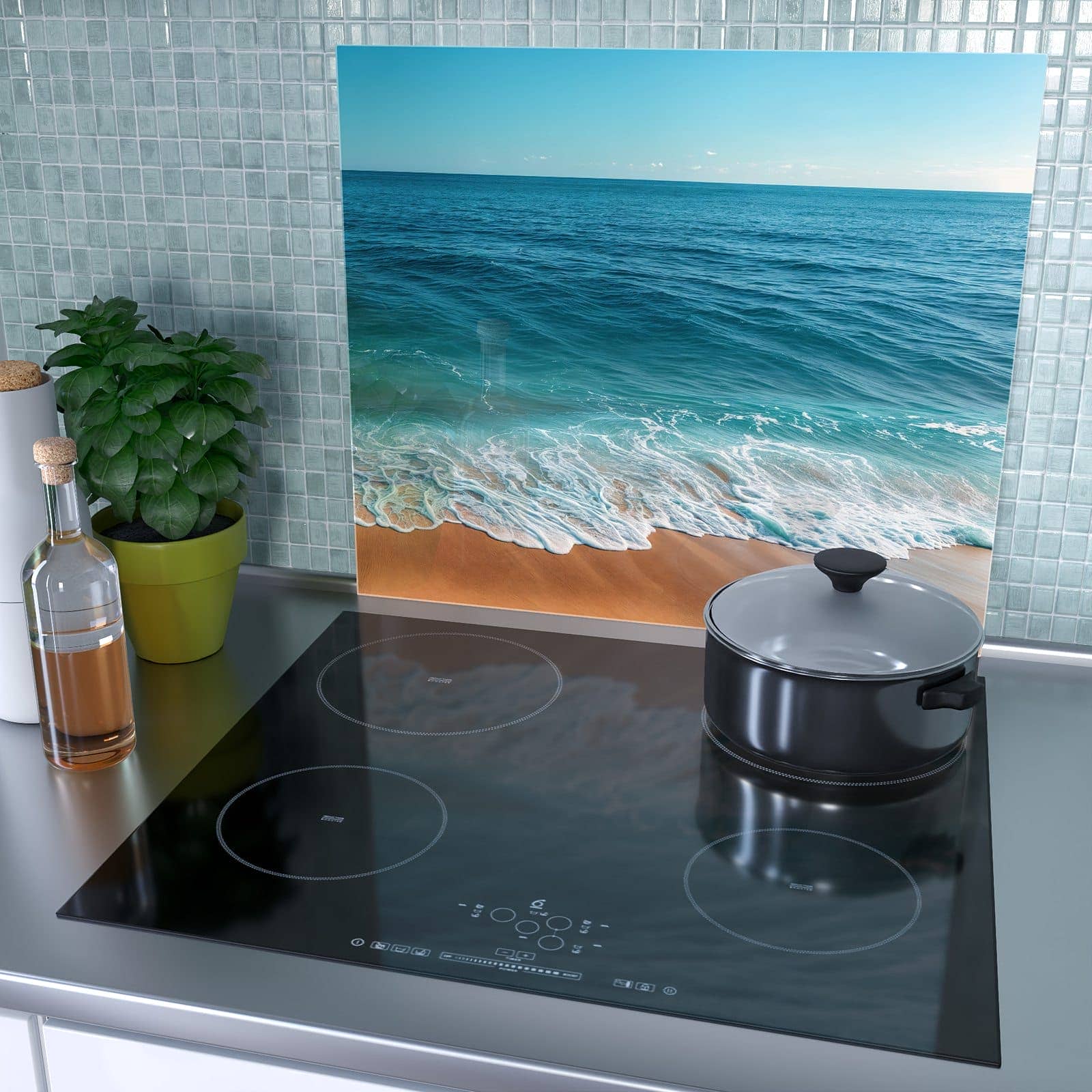 1-teilige Herdabdeckplatten für Ceranfeld mit Sandstrand Wellen-Motiv als Spritzschutz hinter dem Kochfeld