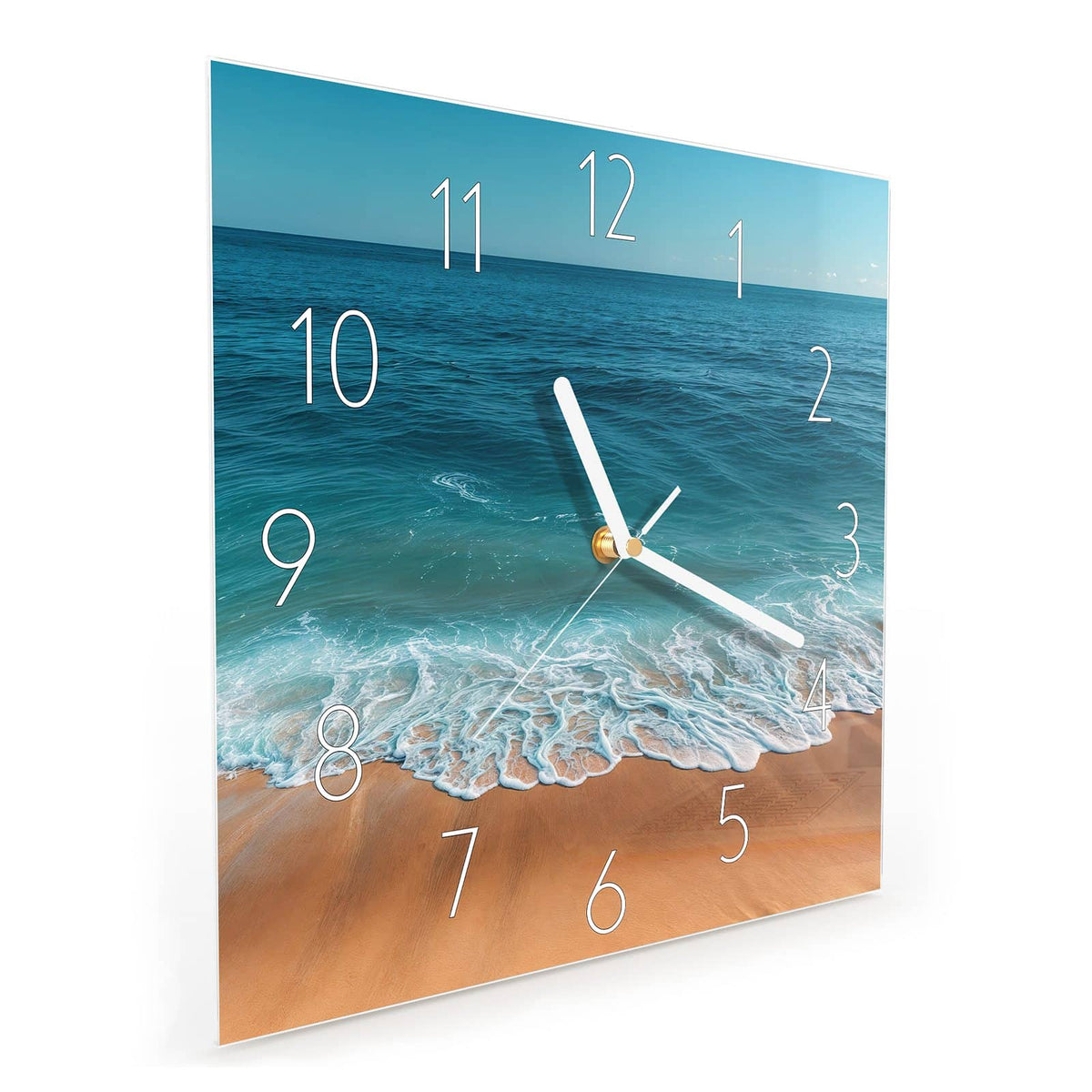 Quadratische Wanduhr aus Glas Azurblaues Meer schräg von der Seite, 4 mm starkes Glas