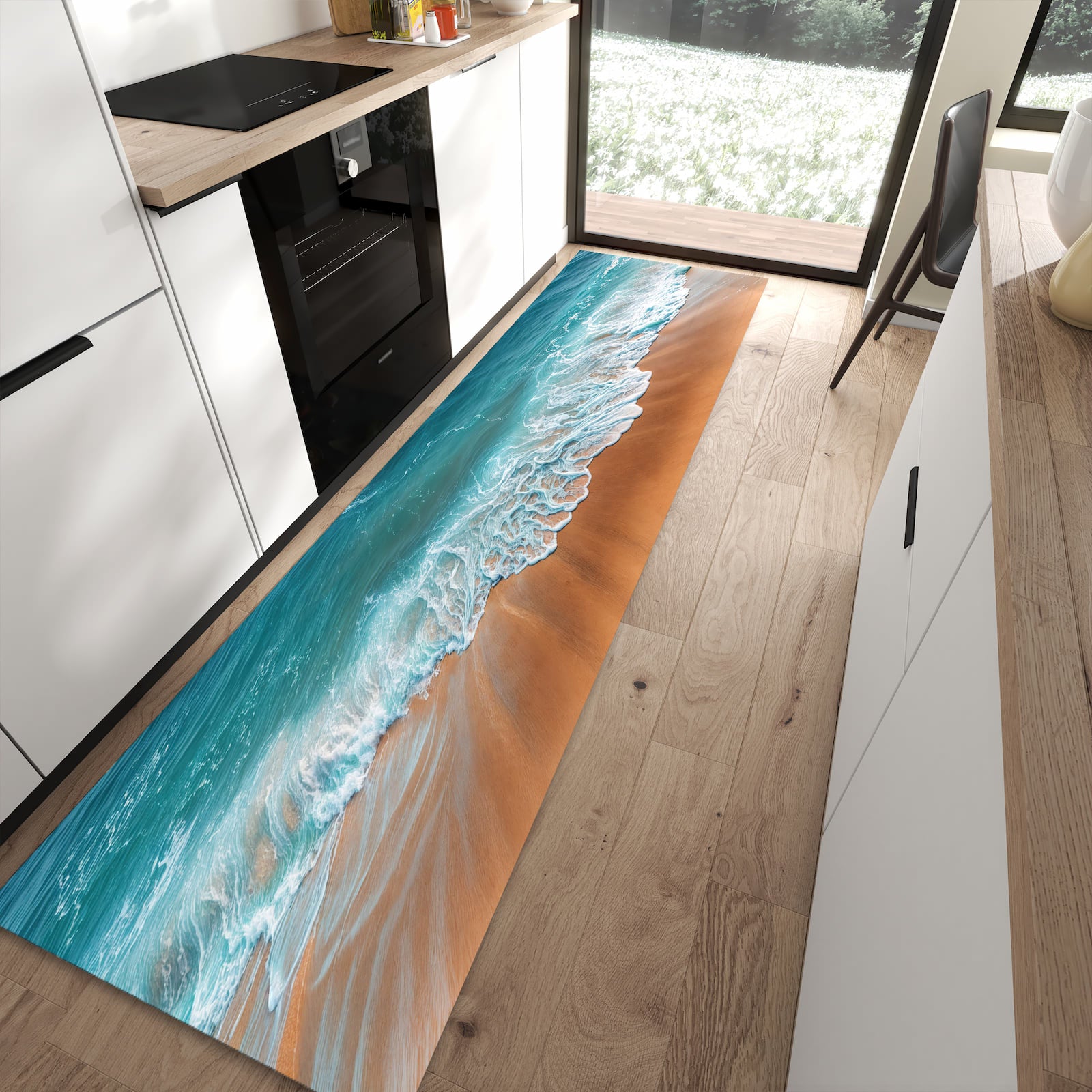Formstabiler Läufer mit Motiv Sandstrand Wellen in moderner Küche für rutschfesten Stand