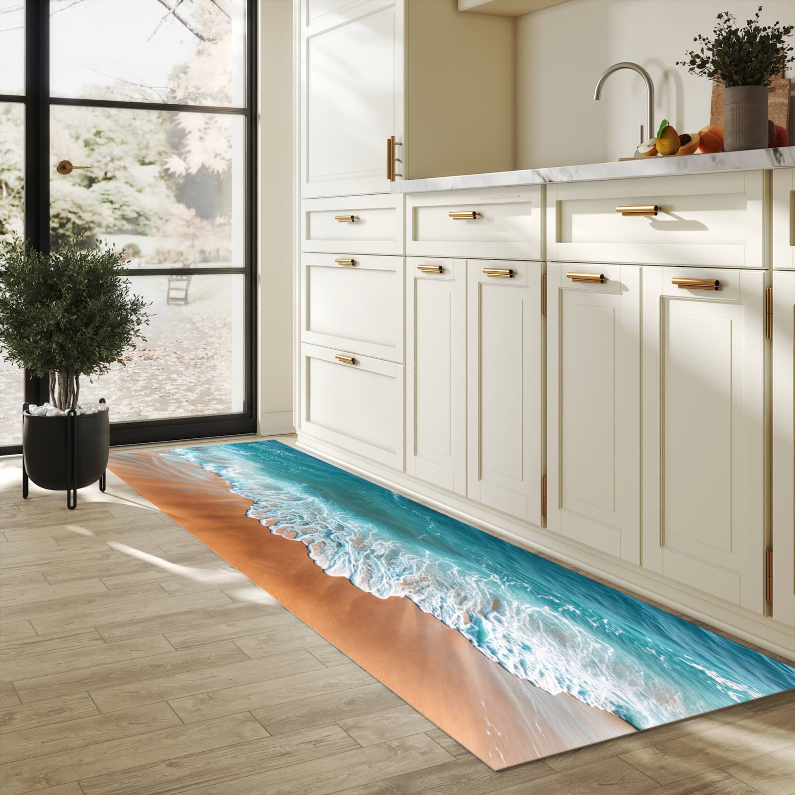 Waschbarer Küchenteppich mit Motiv Sandstrand Wellen in heller Küche schont den Boden