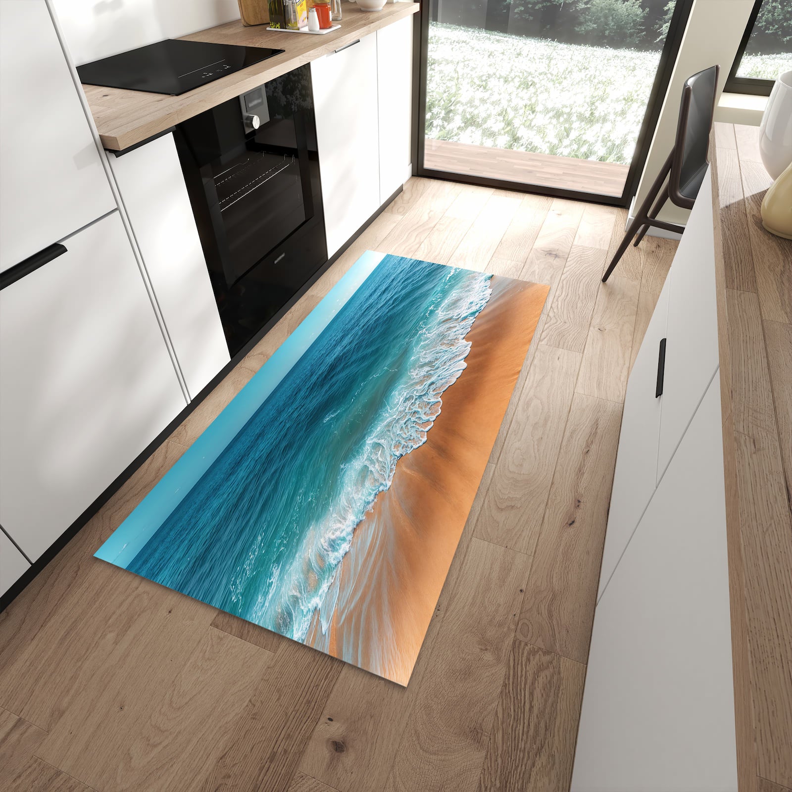 Dünner Küchenteppich mit Motiv Sandstrand Wellen in moderner Küche für sicheres Aufbewahren