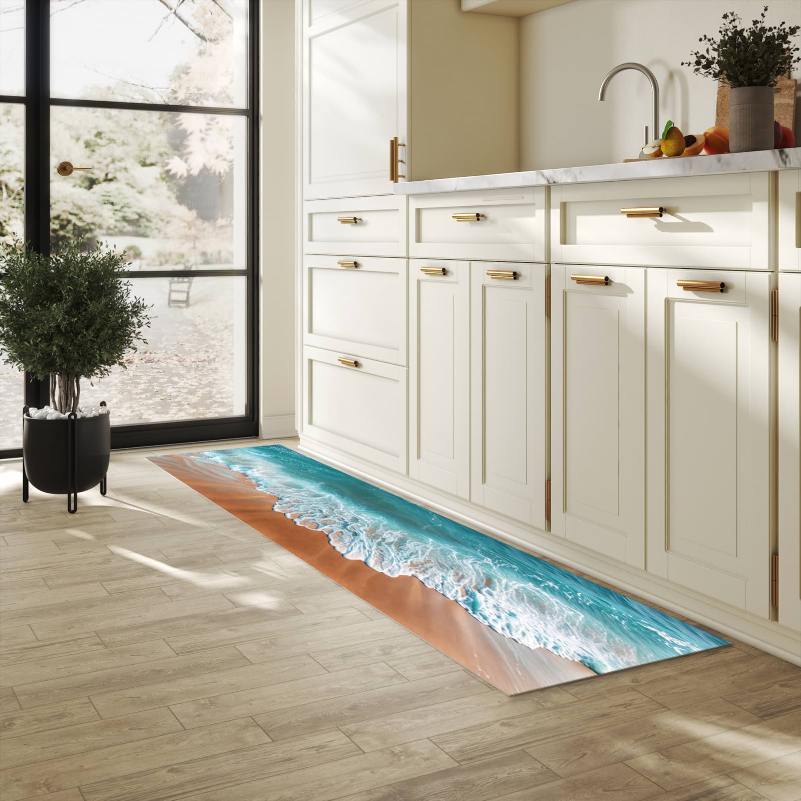 Hygienischer Bodenläufer Teppich mit Motiv Sandstrand Wellen in heller Küche
