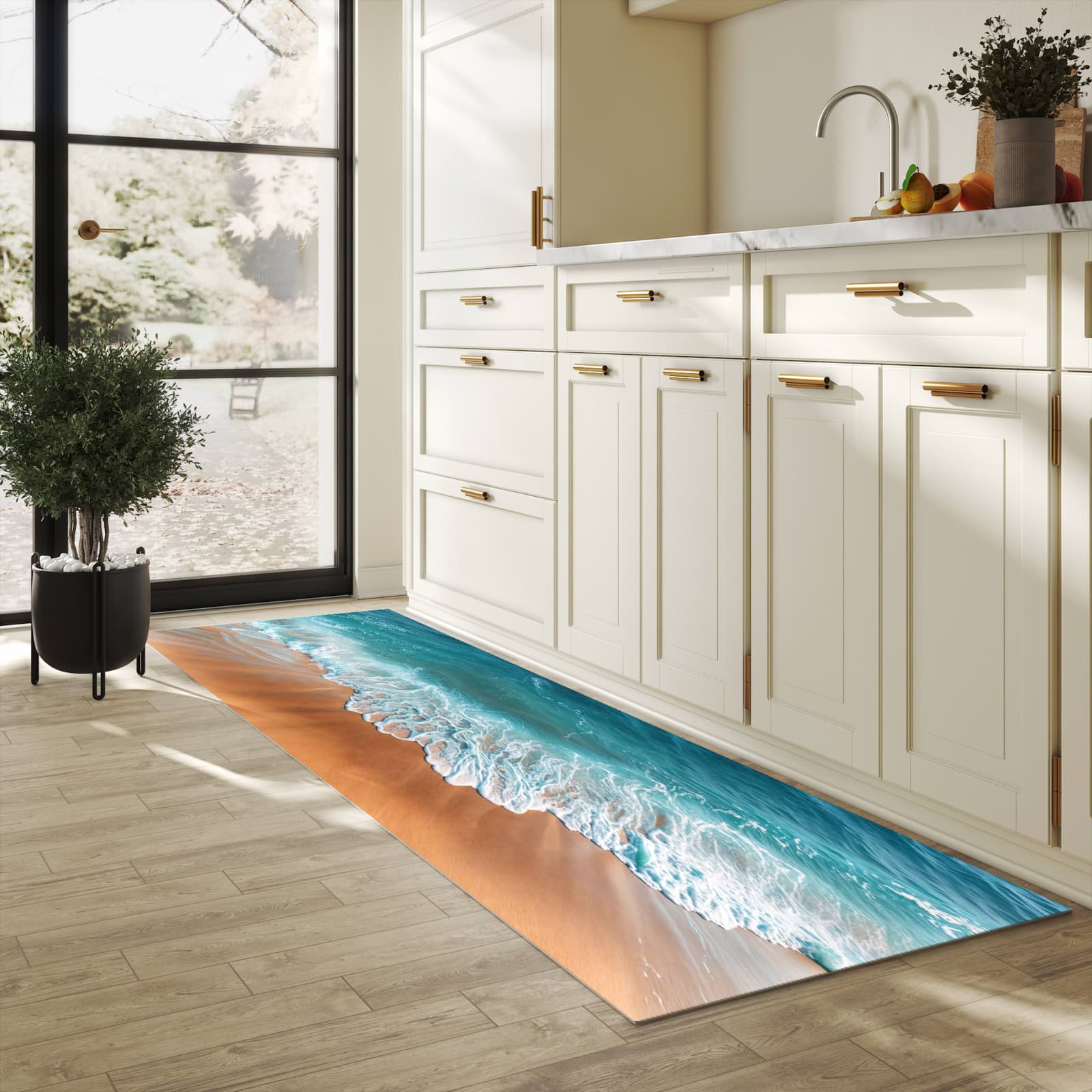 Feuchtigkeitsresistenter Küchenteppich mit Motiv Sandstrand Wellen in heller Küche