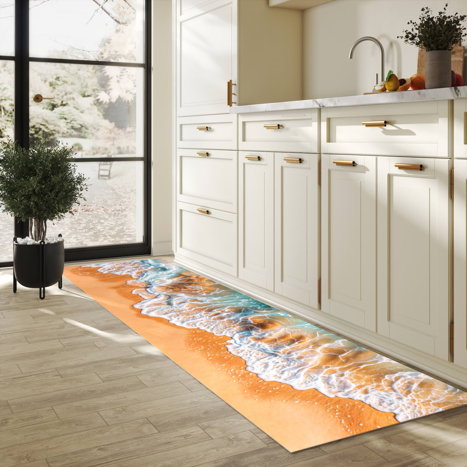 Langlebiger dünner Küchenteppich mit Motiv Sanfte Meereswellen in heller Küche