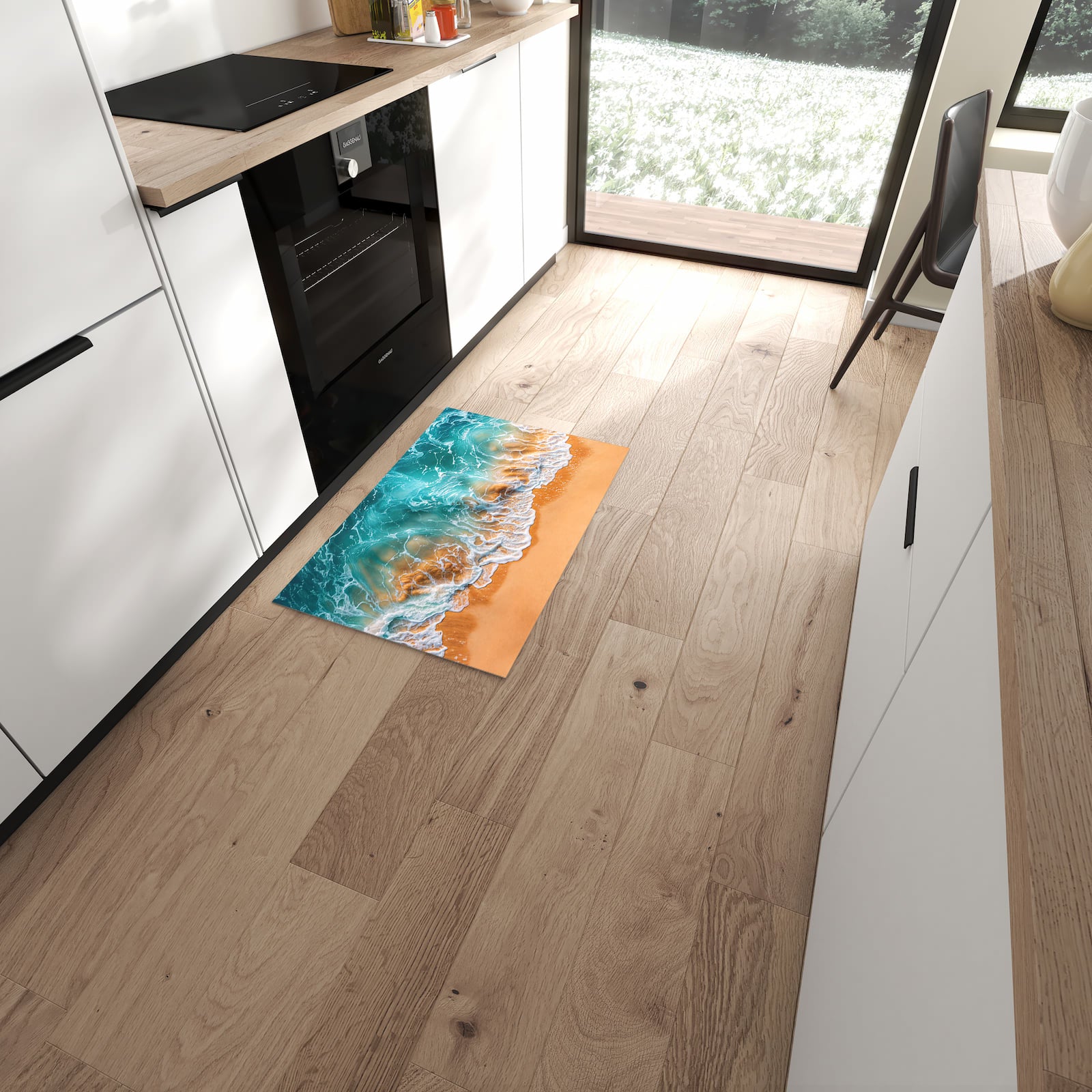 Langlebiger Küchenteppich mit Motiv Sanfte Meereswellen in moderner Küche