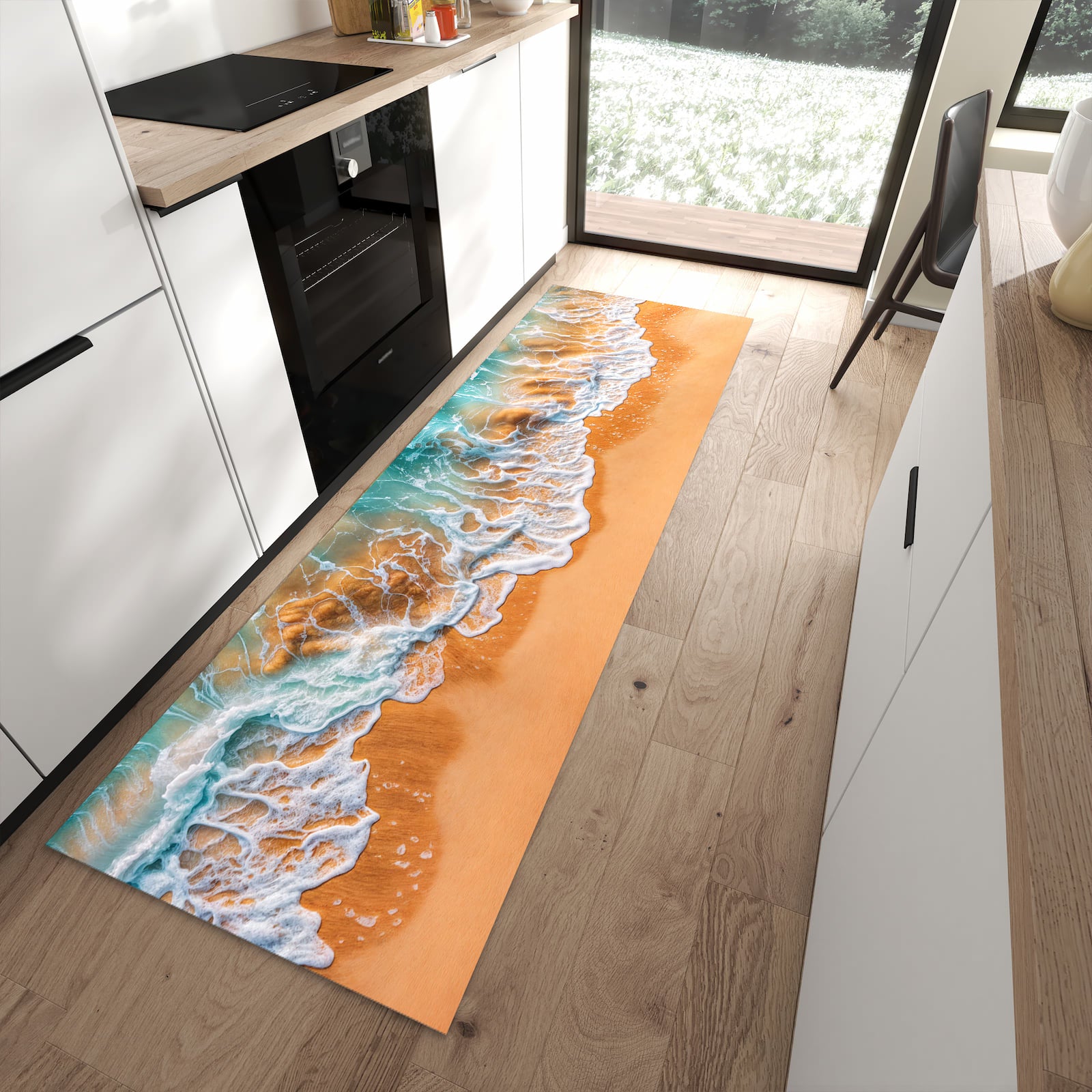 Pflegeleichter Küchenteppich mit Motiv Sanfte Meereswellen in moderner Küche