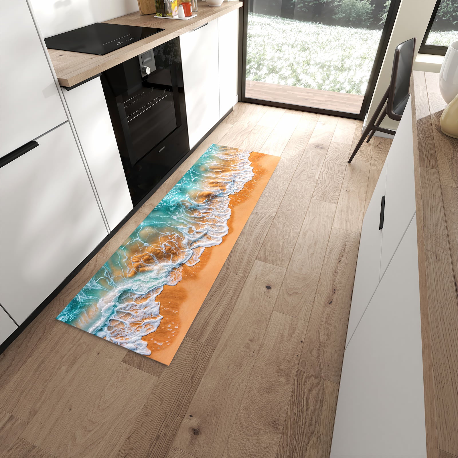 Wasserabweisender Küchenteppich mit Motiv Sanfte Meereswellen in moderner Küche