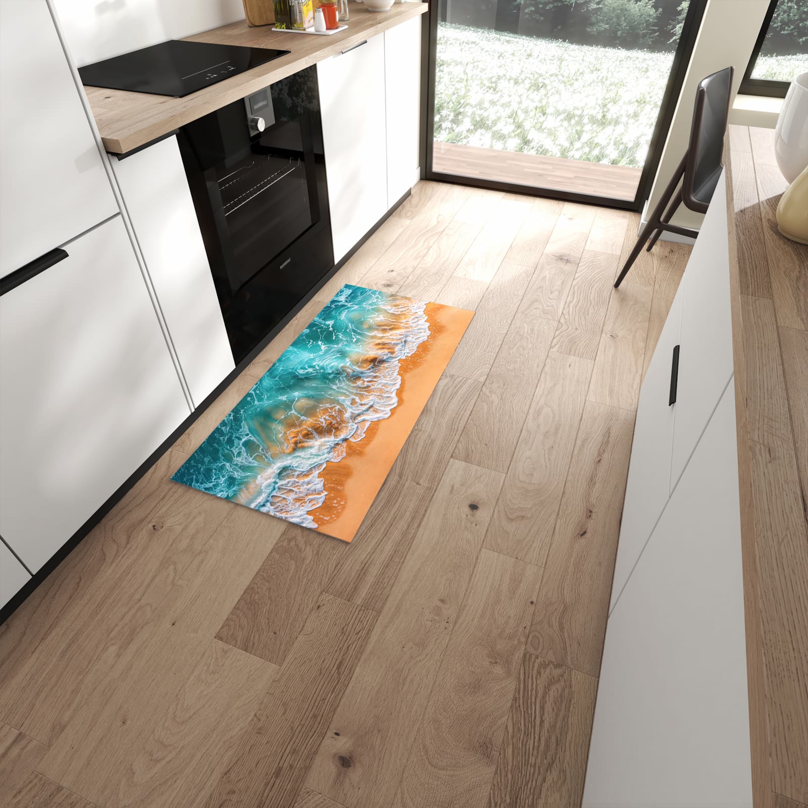 UV-beständiger abwaschbarer Küchenläufer mit Motiv Sanfte Meereswellen in moderner Küche #grösse_60 x 120 cm