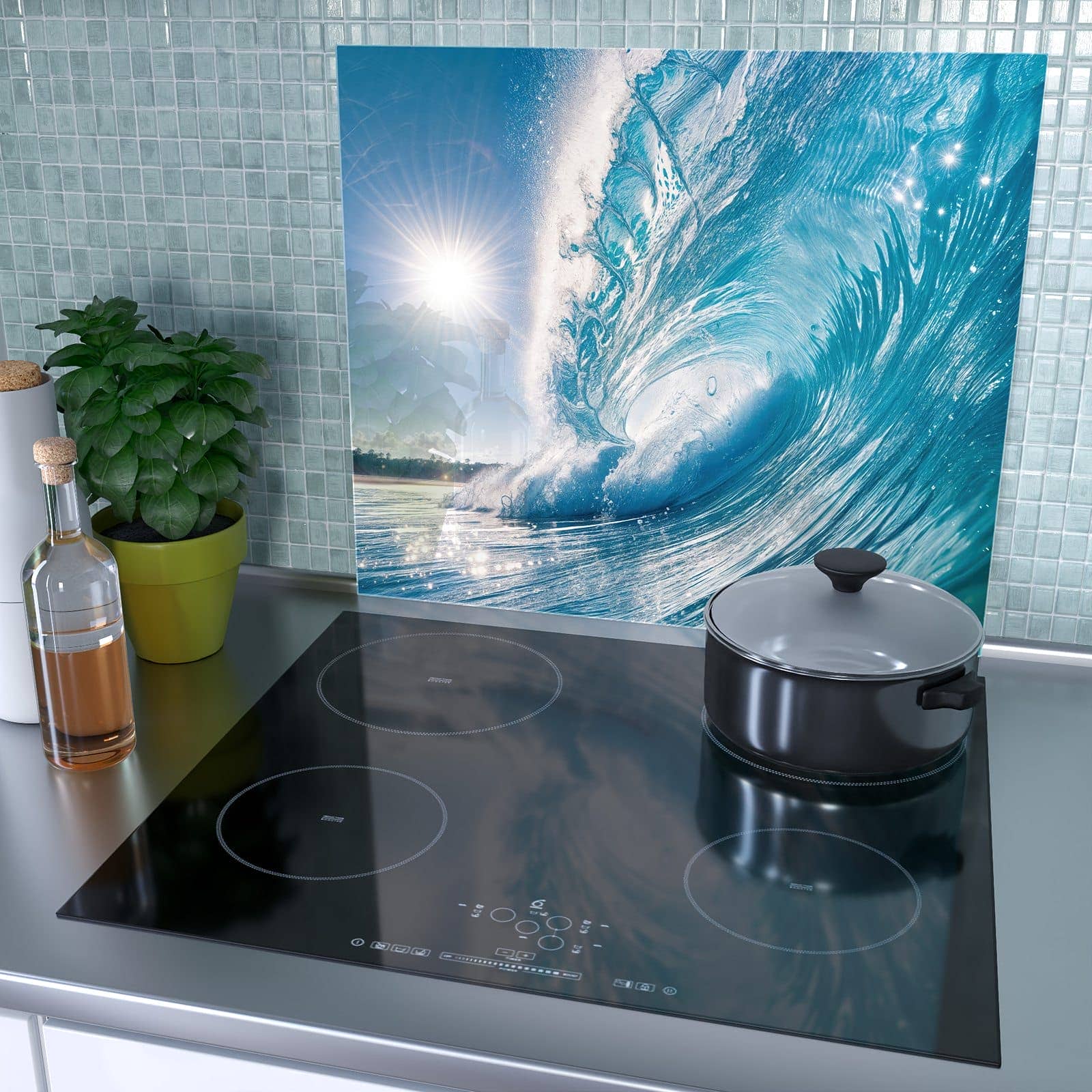 1-teilige Herdabdeckplatte mit Riesige Welle Strand-Motiv als Spritzschutz hinter dem Kochfeld