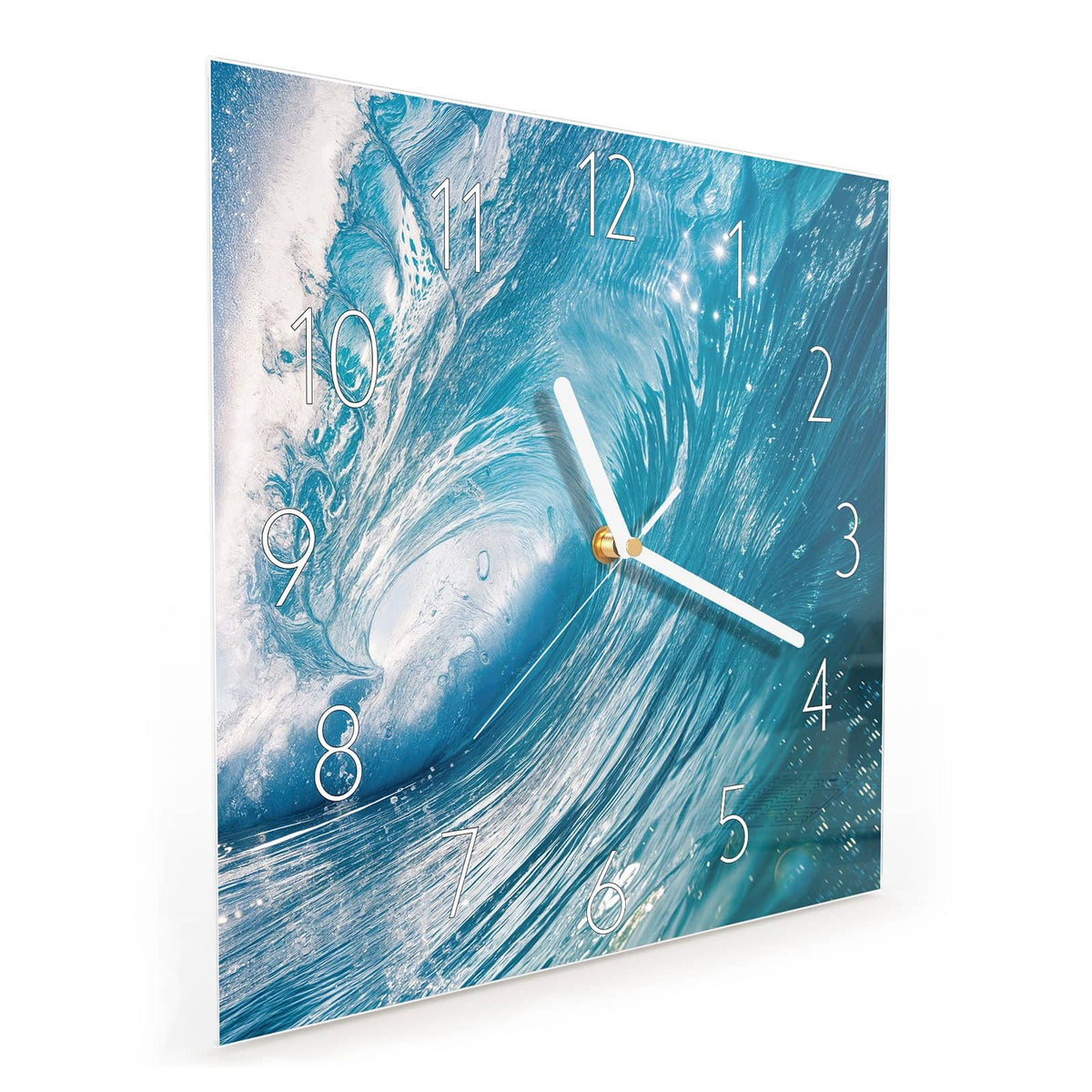 Quadratische Wanduhr aus Glas Blaue Welle mit Gischt schräg von der Seite, 4 mm starkes Glas