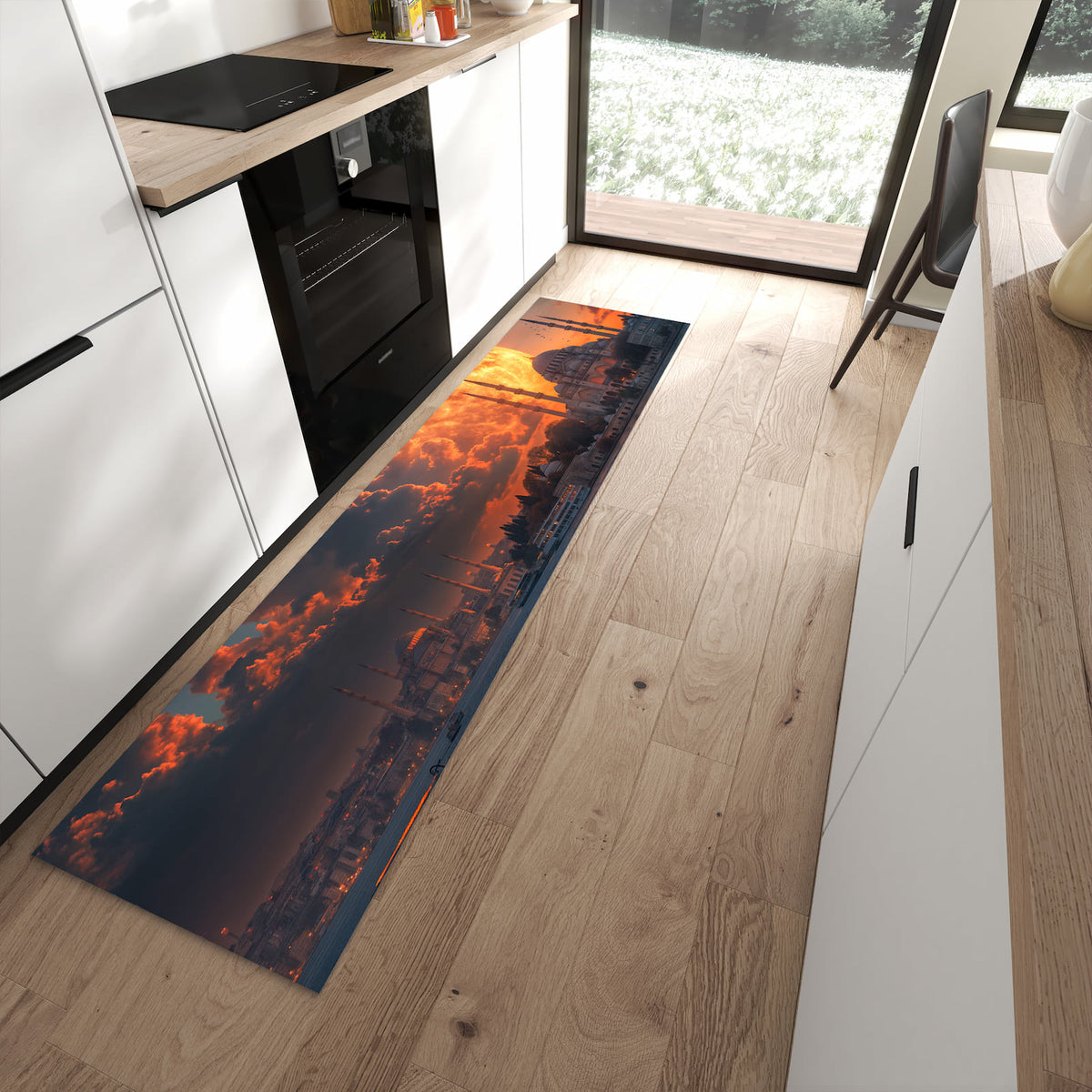 Geruchsneutraler Bodenläufer Teppich mit Motiv Mond über Istanbul in moderner Küche