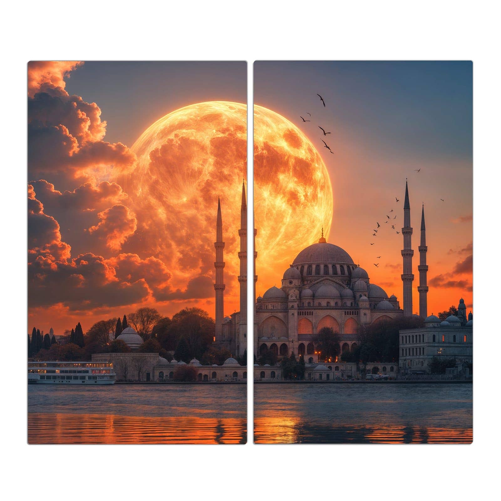 2-teilige Herdabdeckplatte aus Glas mit Mond über Istanbul-Motiv in der Frontansicht
