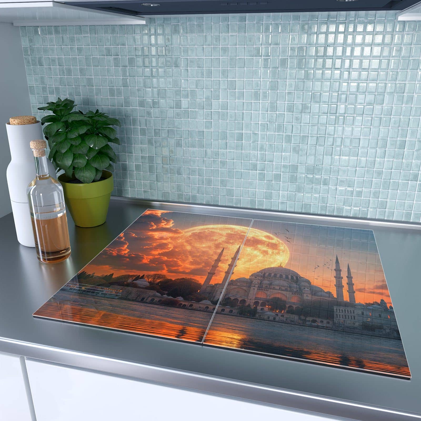 2-teilige Herdabdeckplatten mit Mond über Istanbul-Motiv auf dem Ceranfeld