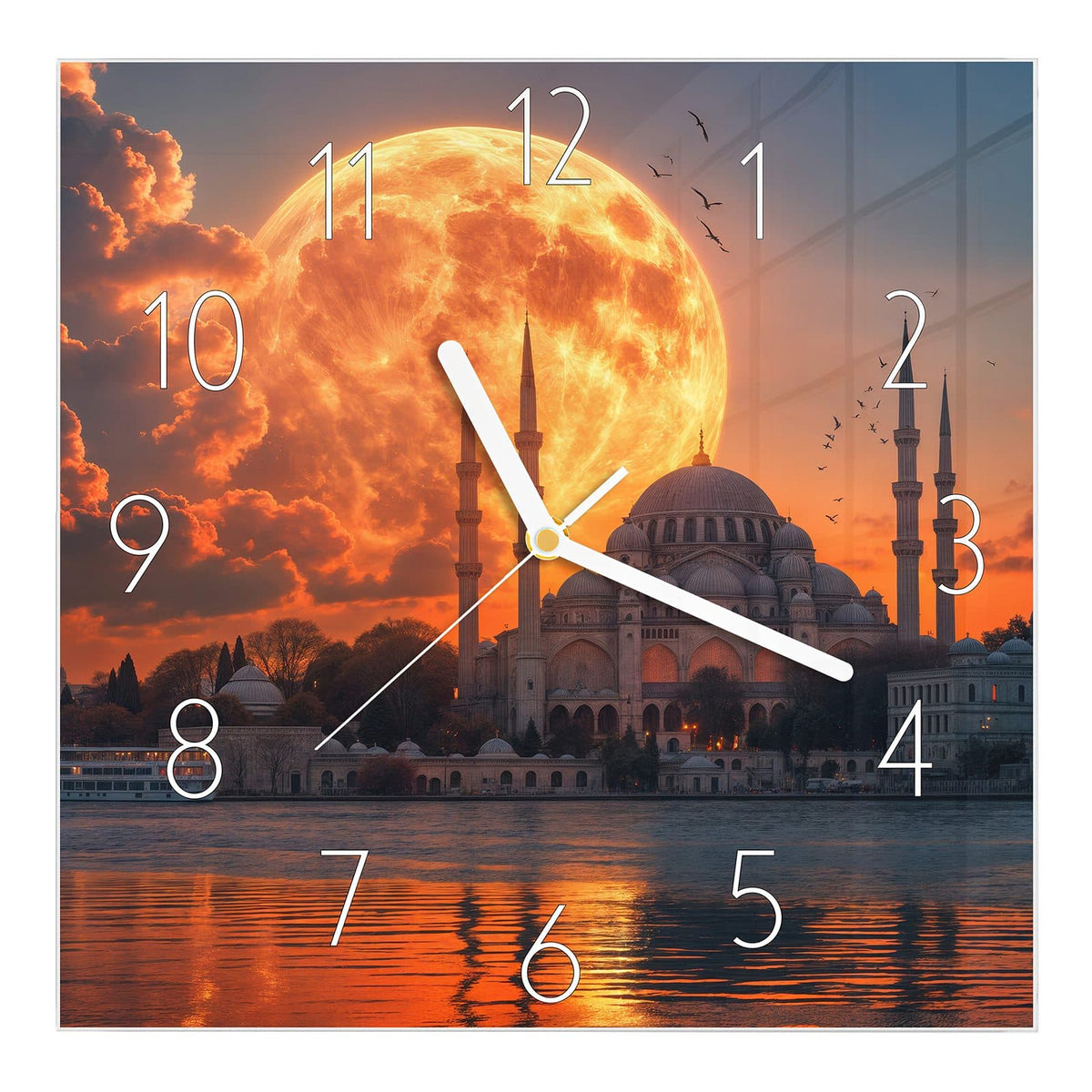 Wanduhr aus Glas, Ziffernblatt Elegant: Riesiger orangeroter Mond hinter Moschee mit Kuppel und vier Minaretten, Spiegelung im Wasser #ziffernblatt_Elegant