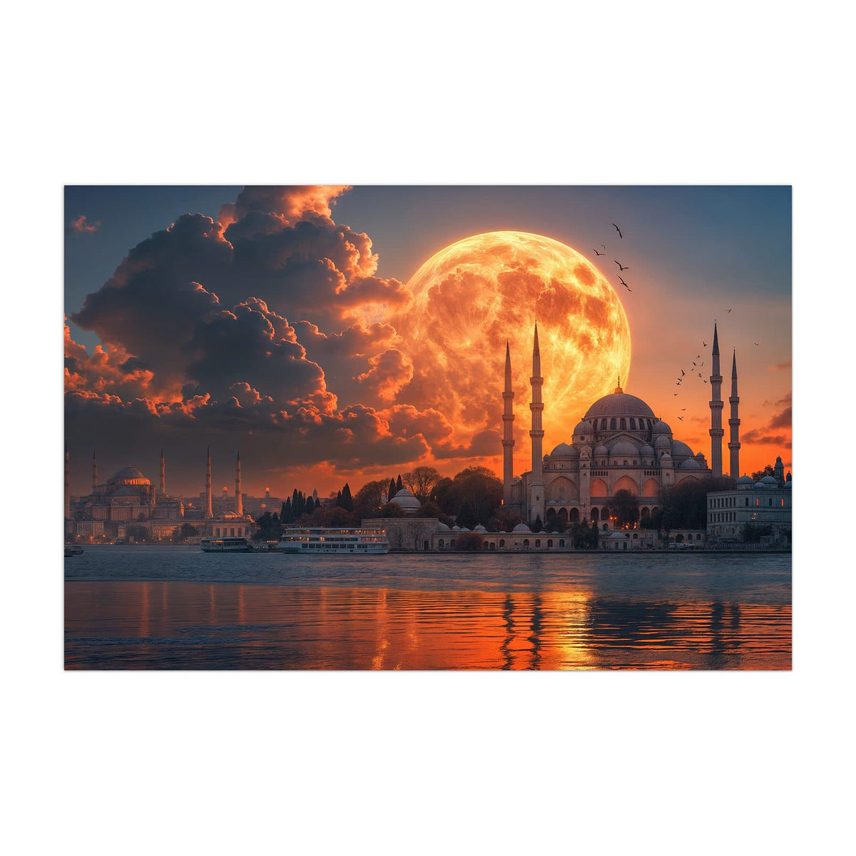 Küchenrückwand aus Glas Mond über der Moschee im Hochformat, Motiv bildfüllend von vorn