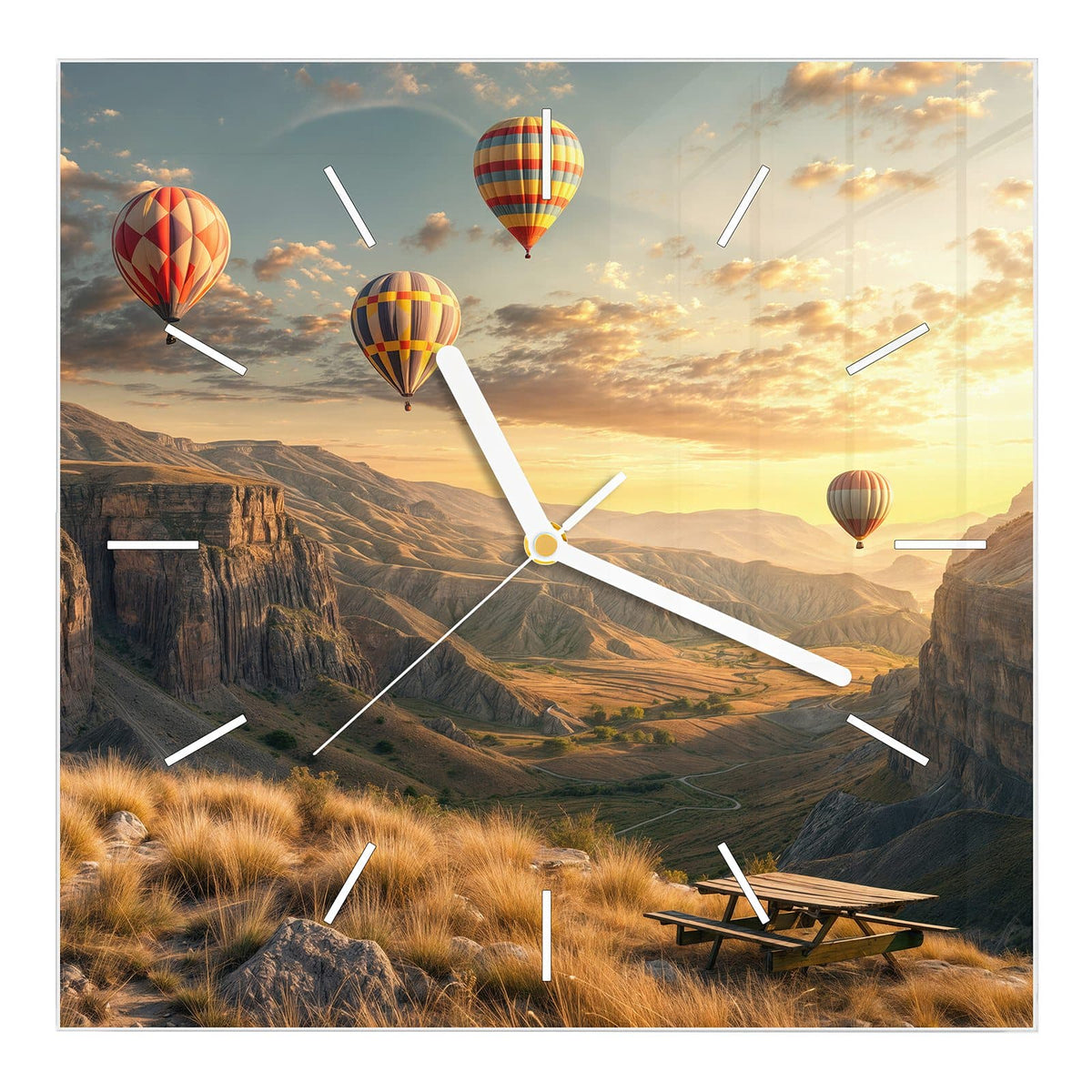 Wanduhr aus Glas, Ziffernblatt Linie: Vier Heißluftballons über einer Canyonlandschaft im Abendlicht, Picknicktisch im Vordergrund