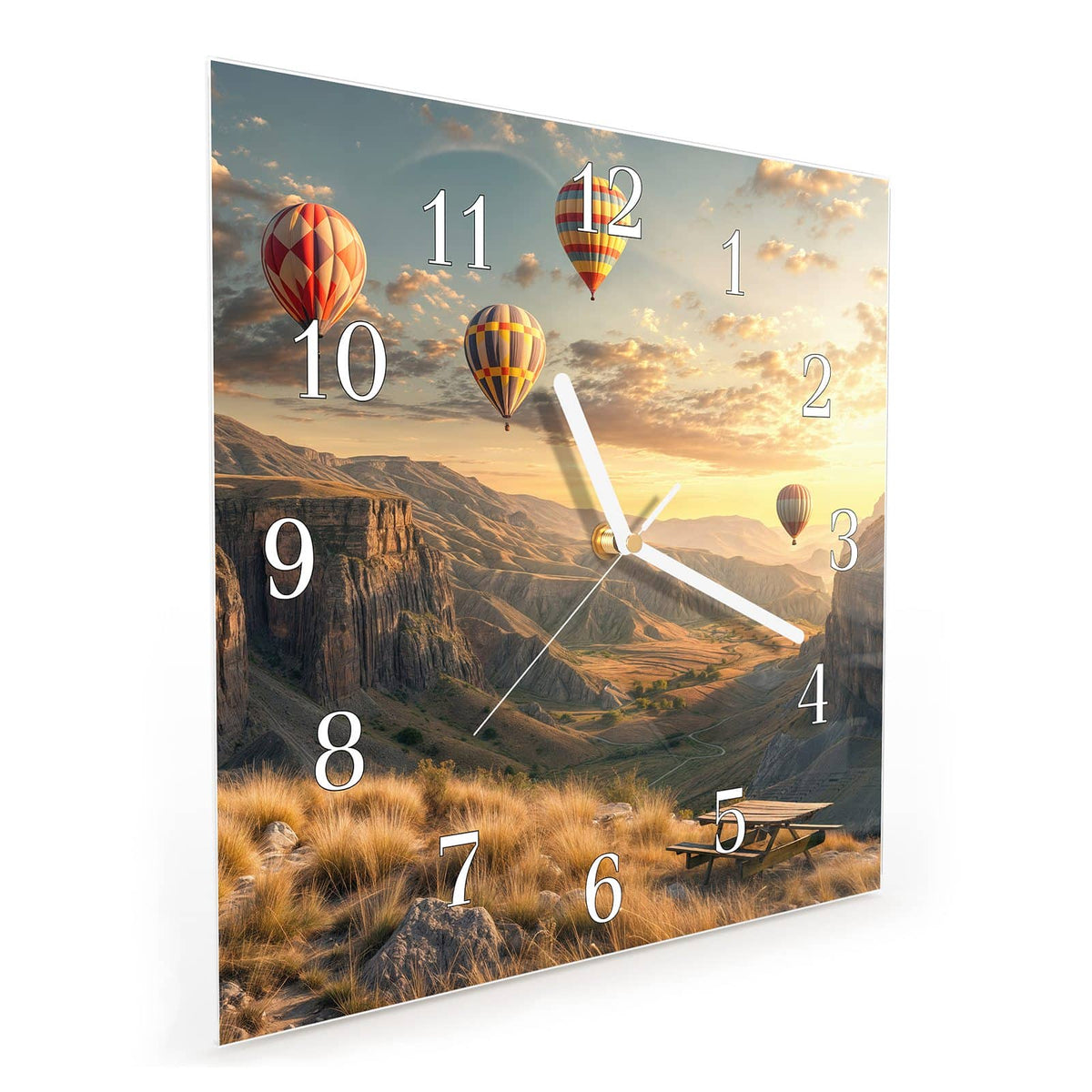 Quadratische Wanduhr aus Glas Heißluftballons schräg von der Seite, 4 mm starkes Glas