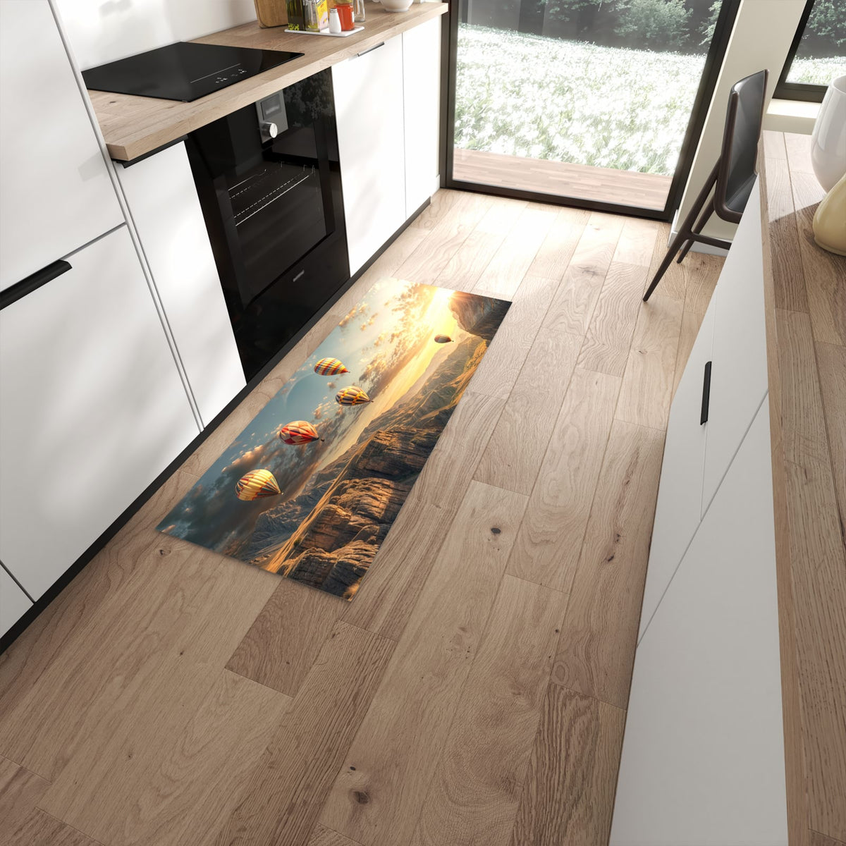 Feuchtigkeitsresistenter Küchenläufer mit Motiv Landschaft mit Ballons in moderner Küche #grösse_60 x 150 cm