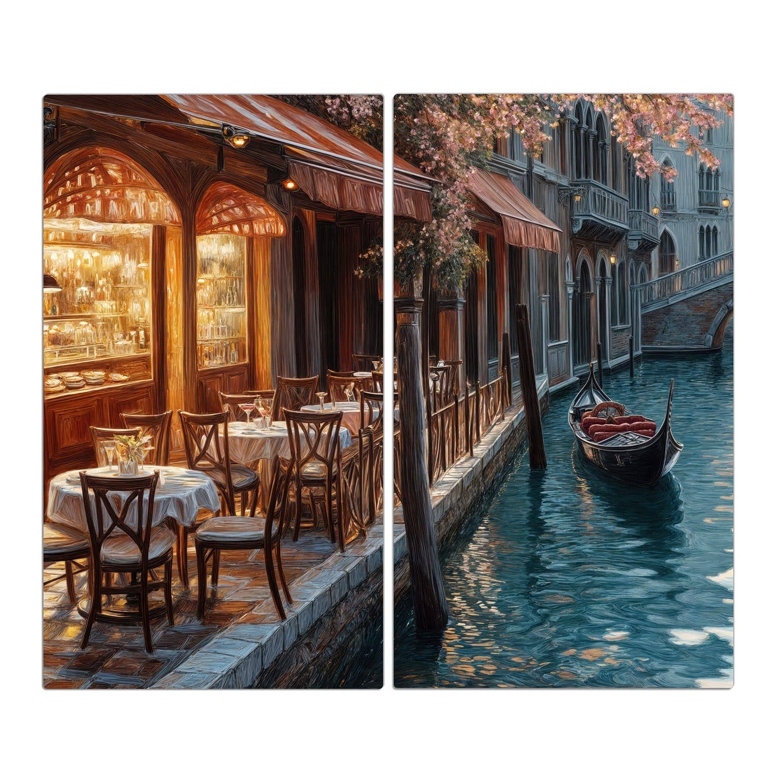 2-teilige Herdabdeckplatte aus Glas mit Sonnenuntergang Venedig-Motiv in der Frontansicht #grösse_2-Teilig (60x52cm)