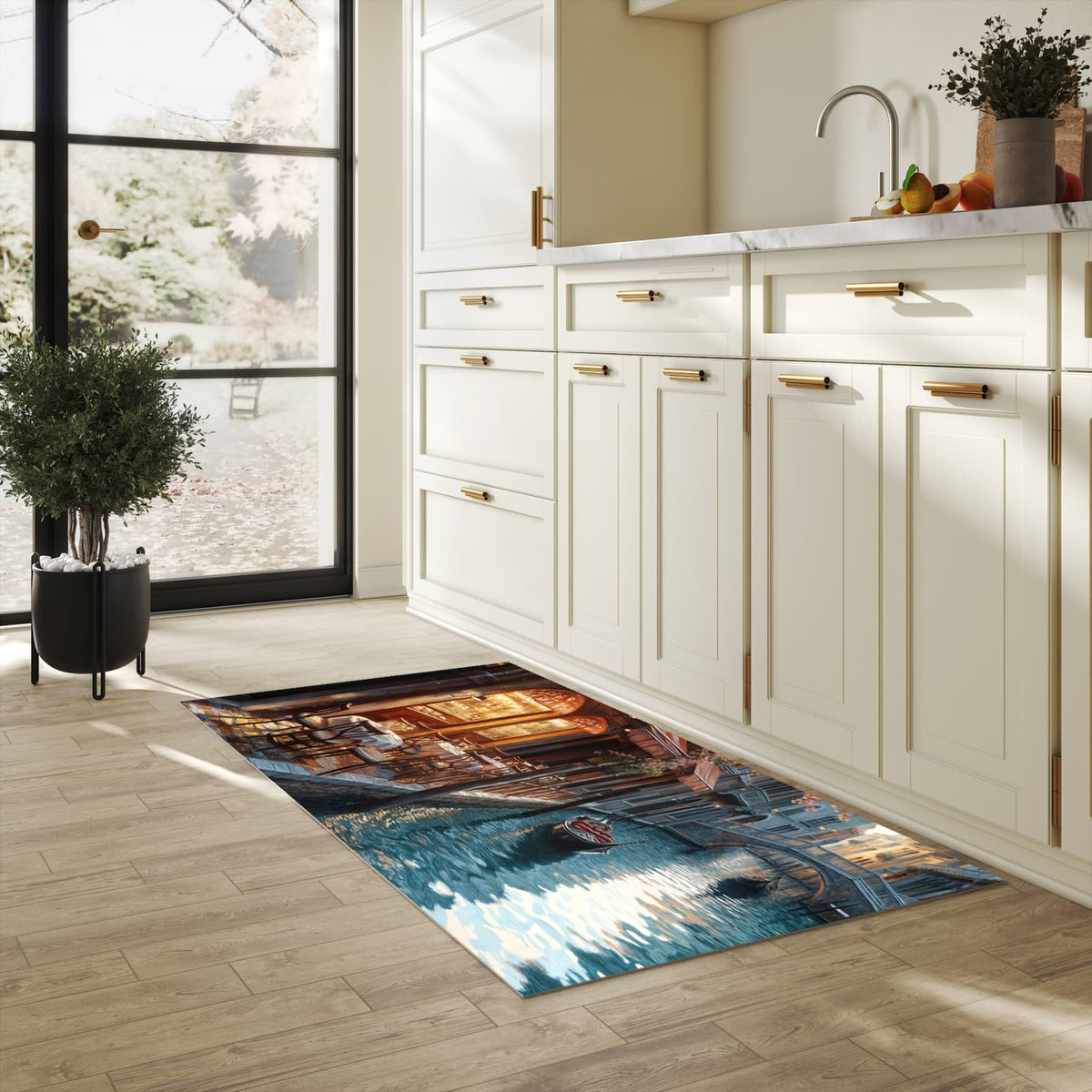 Waschbarer Teppich fürs Esszimmer mit Motiv Sonnenuntergang Venedig in heller Küche