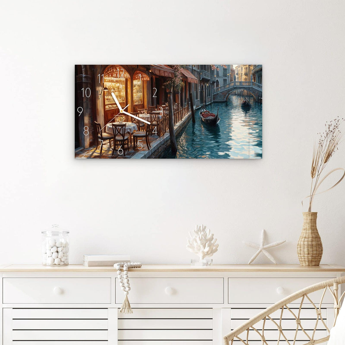 Wanduhr Sonnenuntergang Venedig aus Glas – Querformat 60 × 30 cm – Gondeln im goldenen Abendlicht