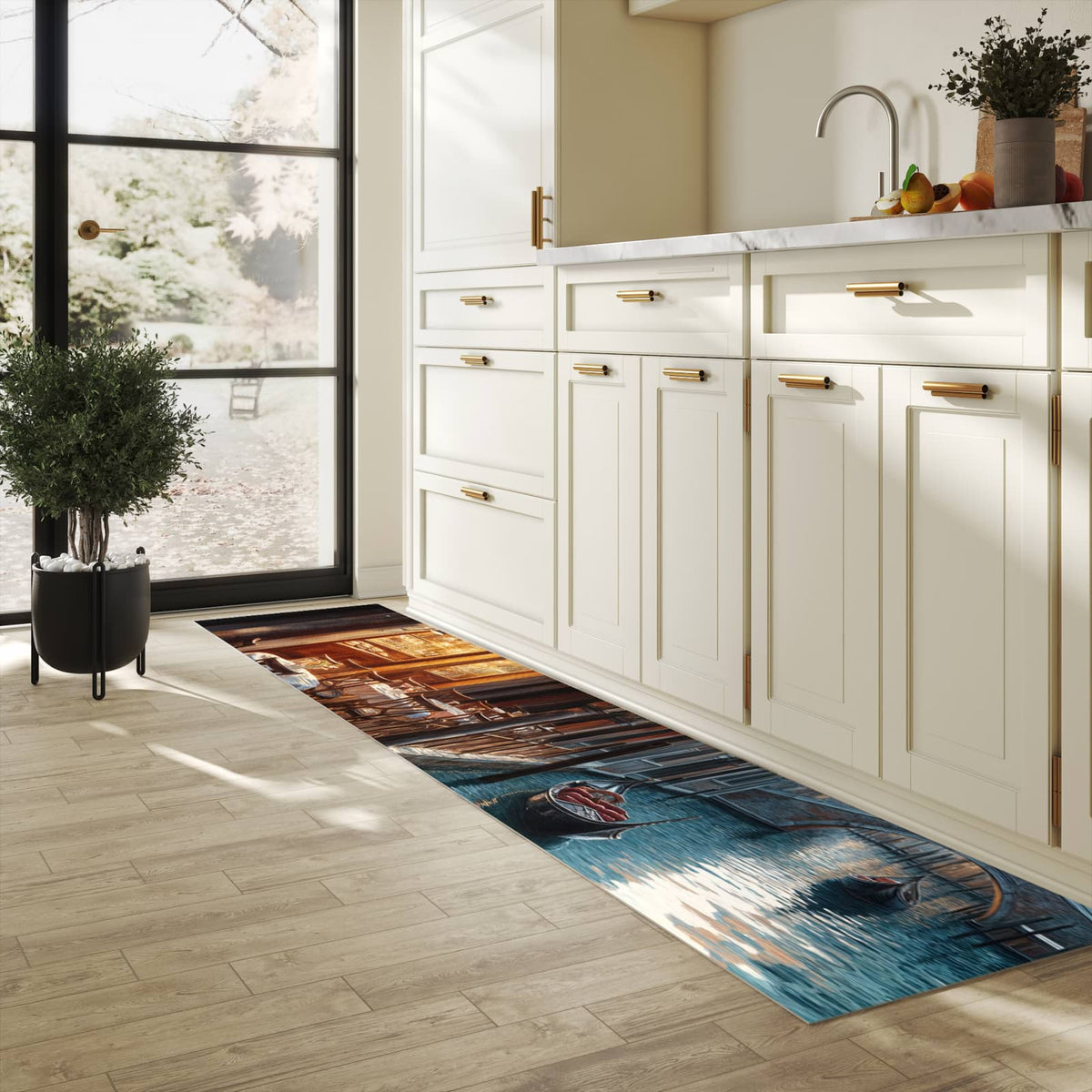 Geruchsneutraler langer Teppich mit Motiv Sonnenuntergang Venedig in heller Küche