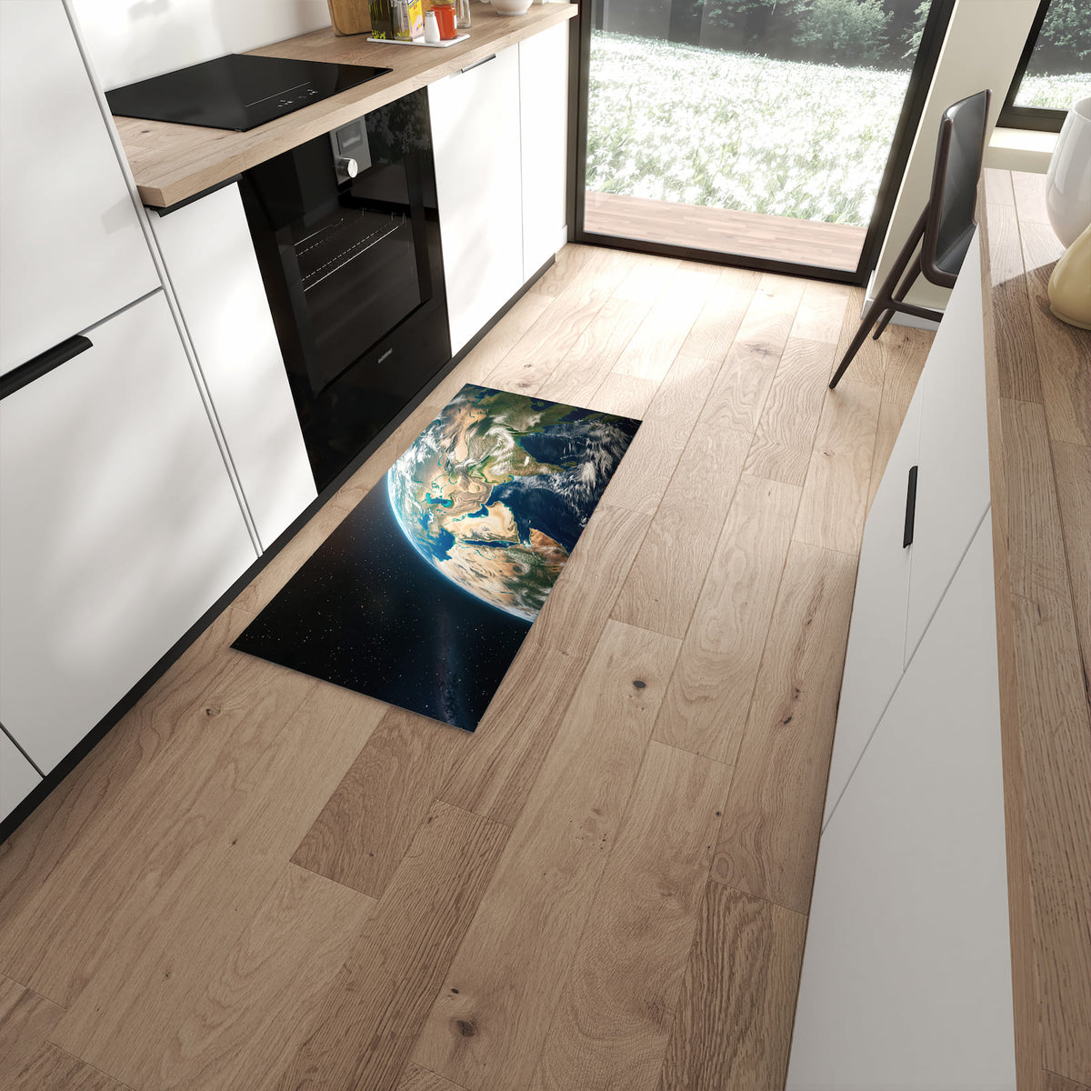 Bodenschonender Küchenläufer mit Motiv Sanfte Erde aus dem All in moderner Küche #grösse_60 x 120 cm