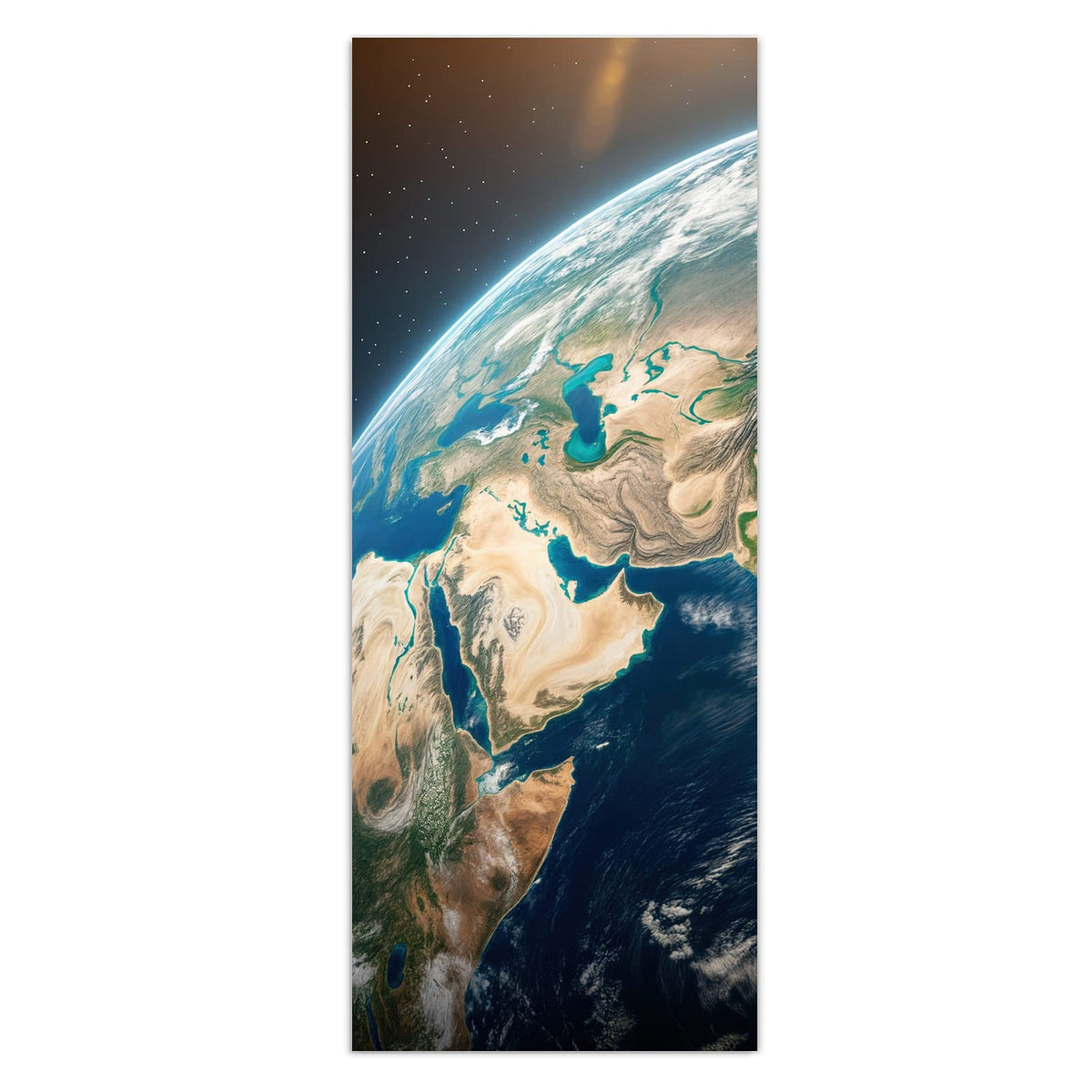Erdkugel groß im Bild mit Arabien, Asien und Wolkenbändern, kaum Sterne