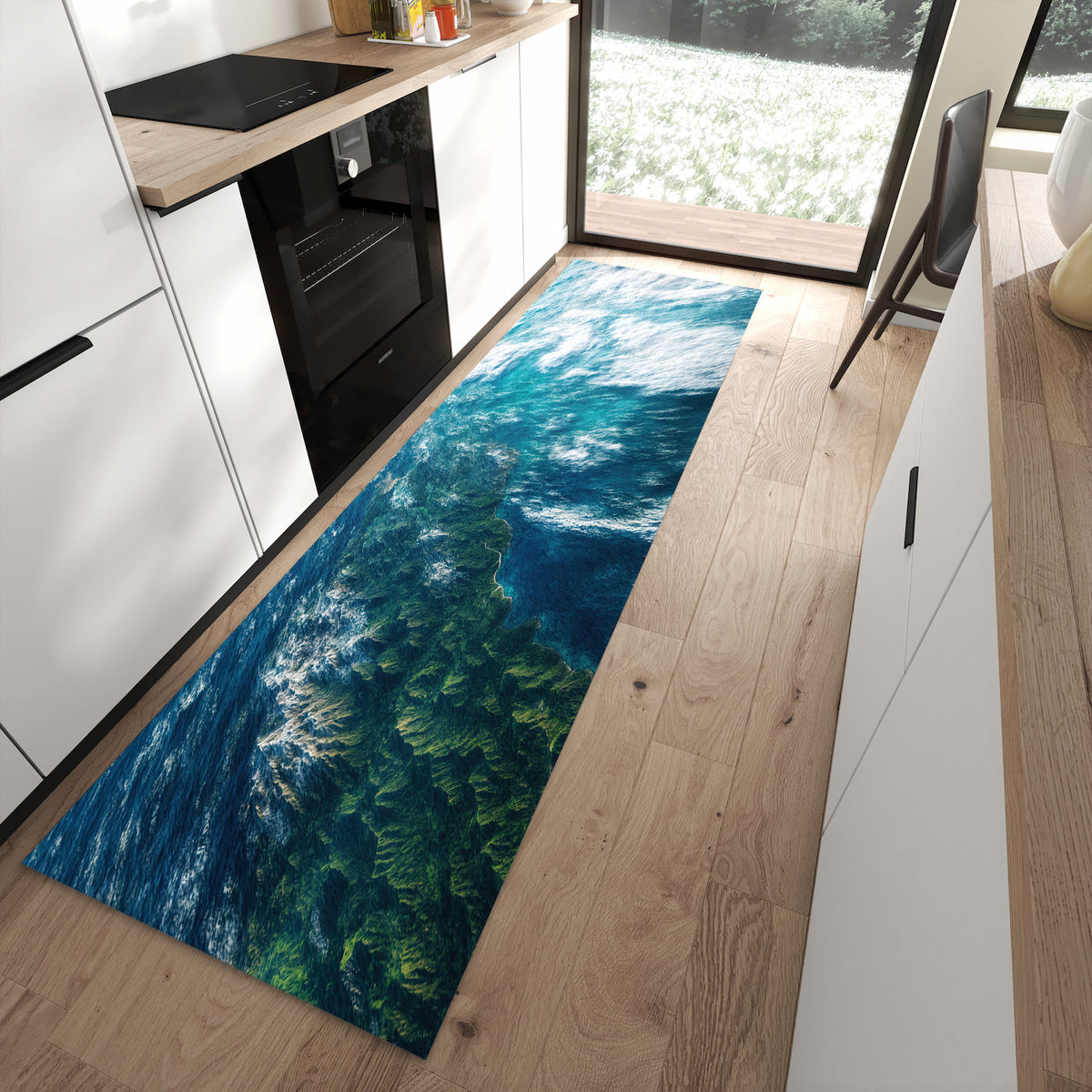 Waschbarer großer Küchenteppich mit Motiv Wunderschöne Erde in moderner Küche