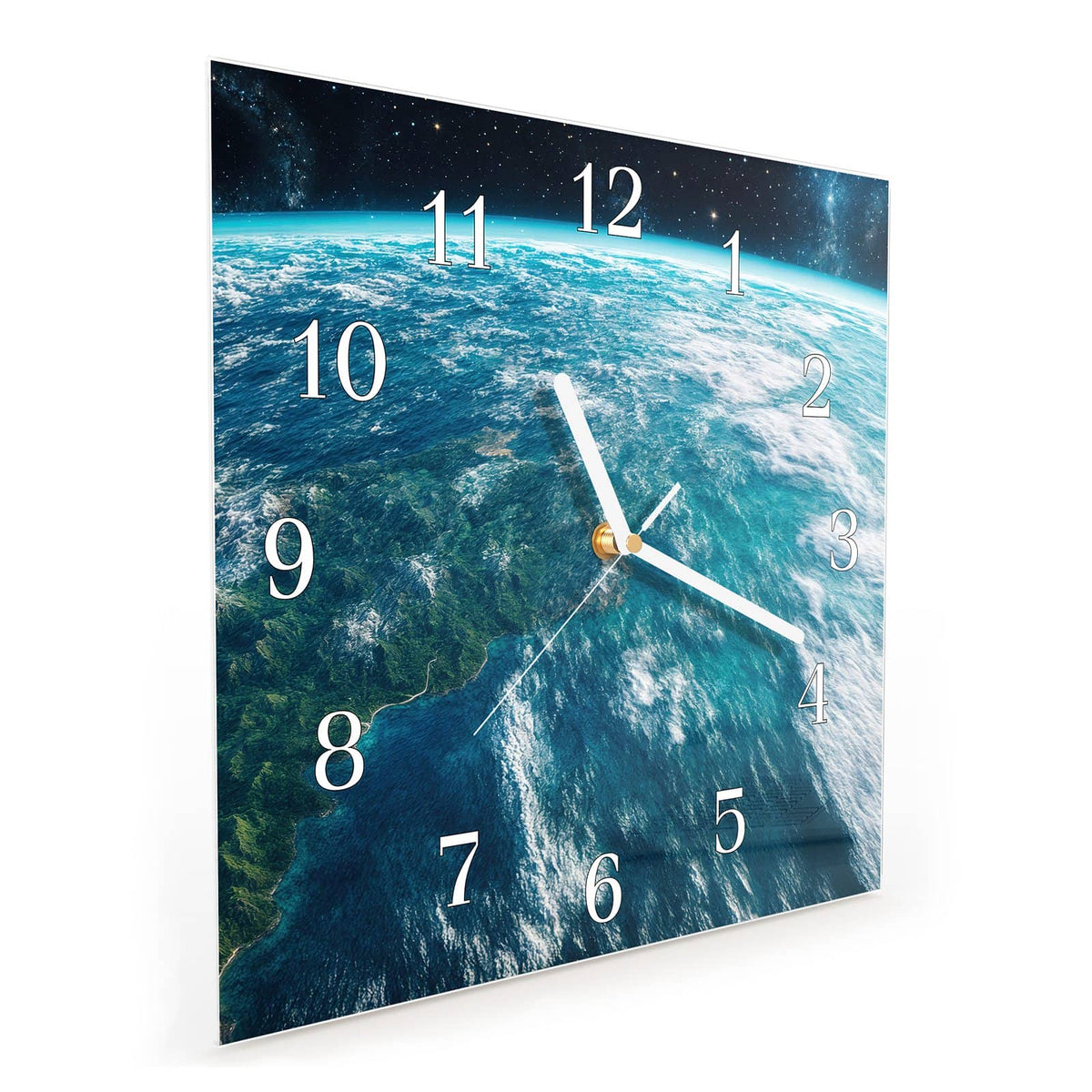 Quadratische Wanduhr aus Glas Ozeane aus dem Orbit schräg von der Seite, 4 mm starkes Glas
