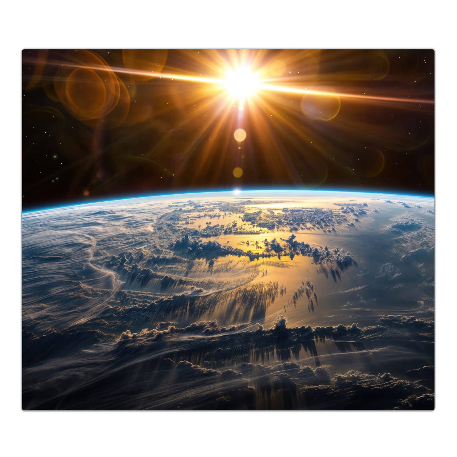 1-teilige Herdabdeckplatte mit Sonnenaufgang & Erde-Motiv in der Frontansicht #grösse_1-Teilig (60x52cm)