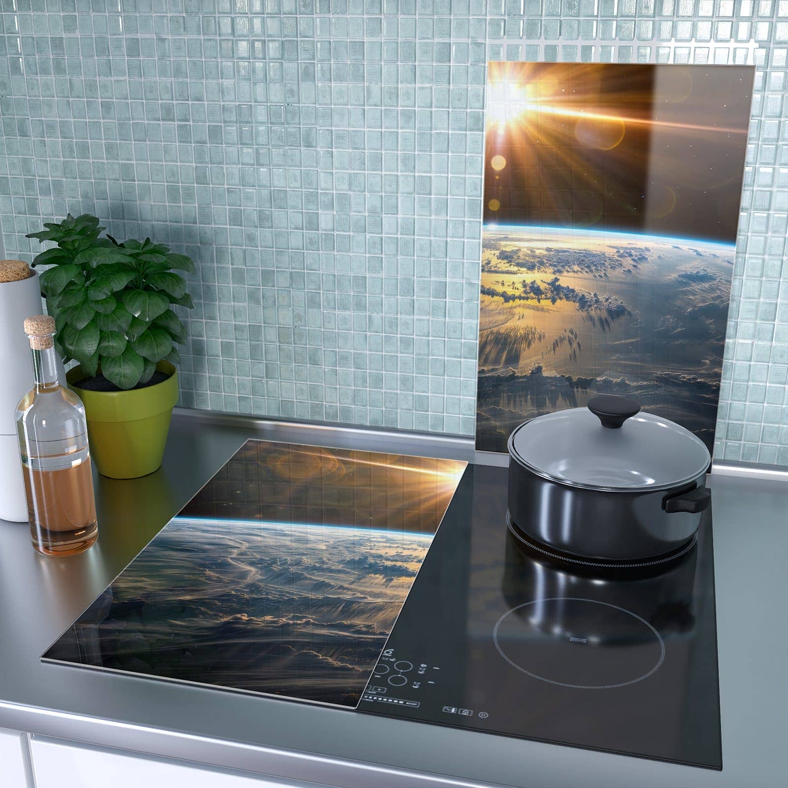 2-teilige Abdeckplatten für den Herd mit Sonnenaufgang & Erde-Motiv als Spritzschutz hinter dem Kochfeld