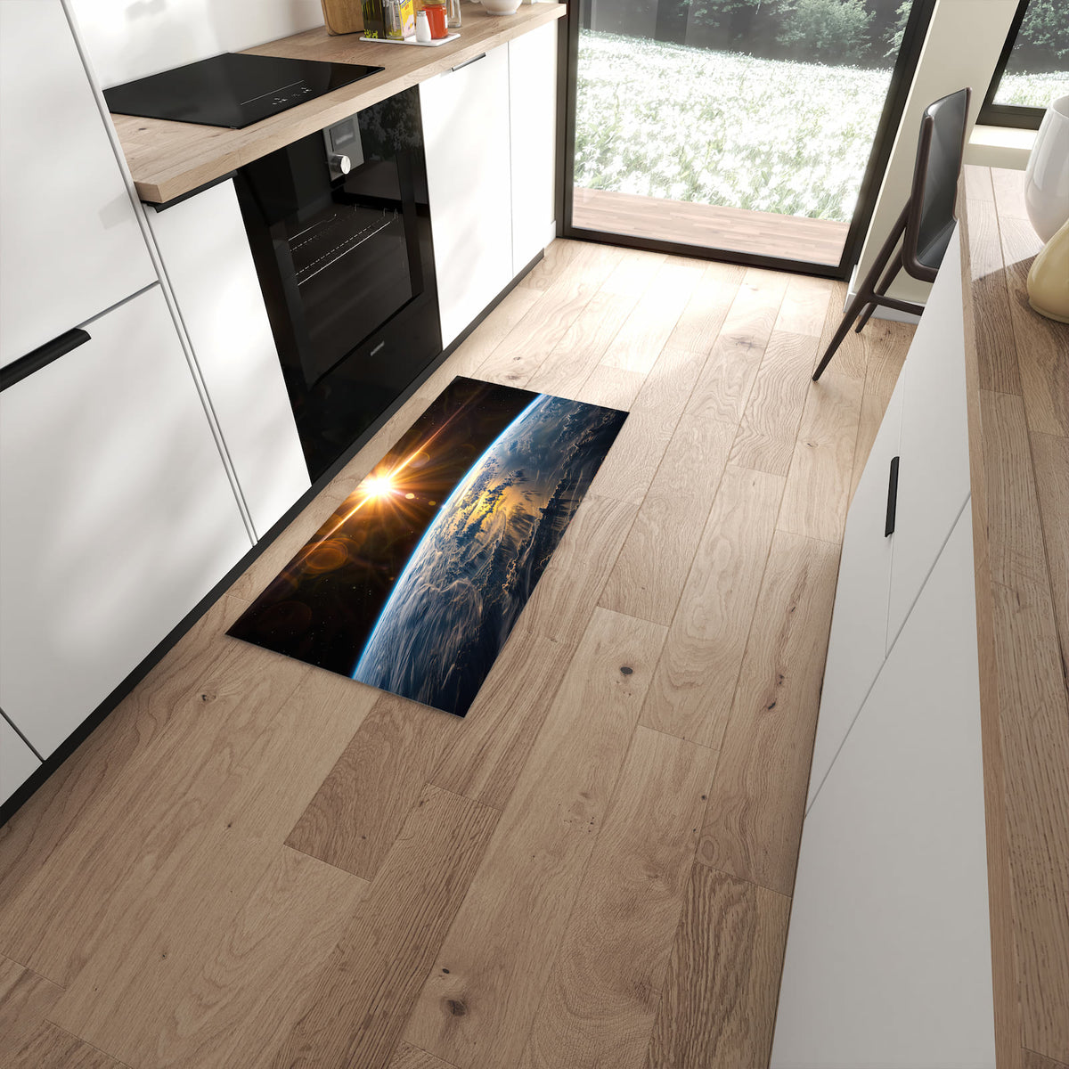 Feuchtigkeitsresistenter Küchenläufer mit Motiv Sonnenaufgang Erde in moderner Küche #grösse_60 x 120 cm