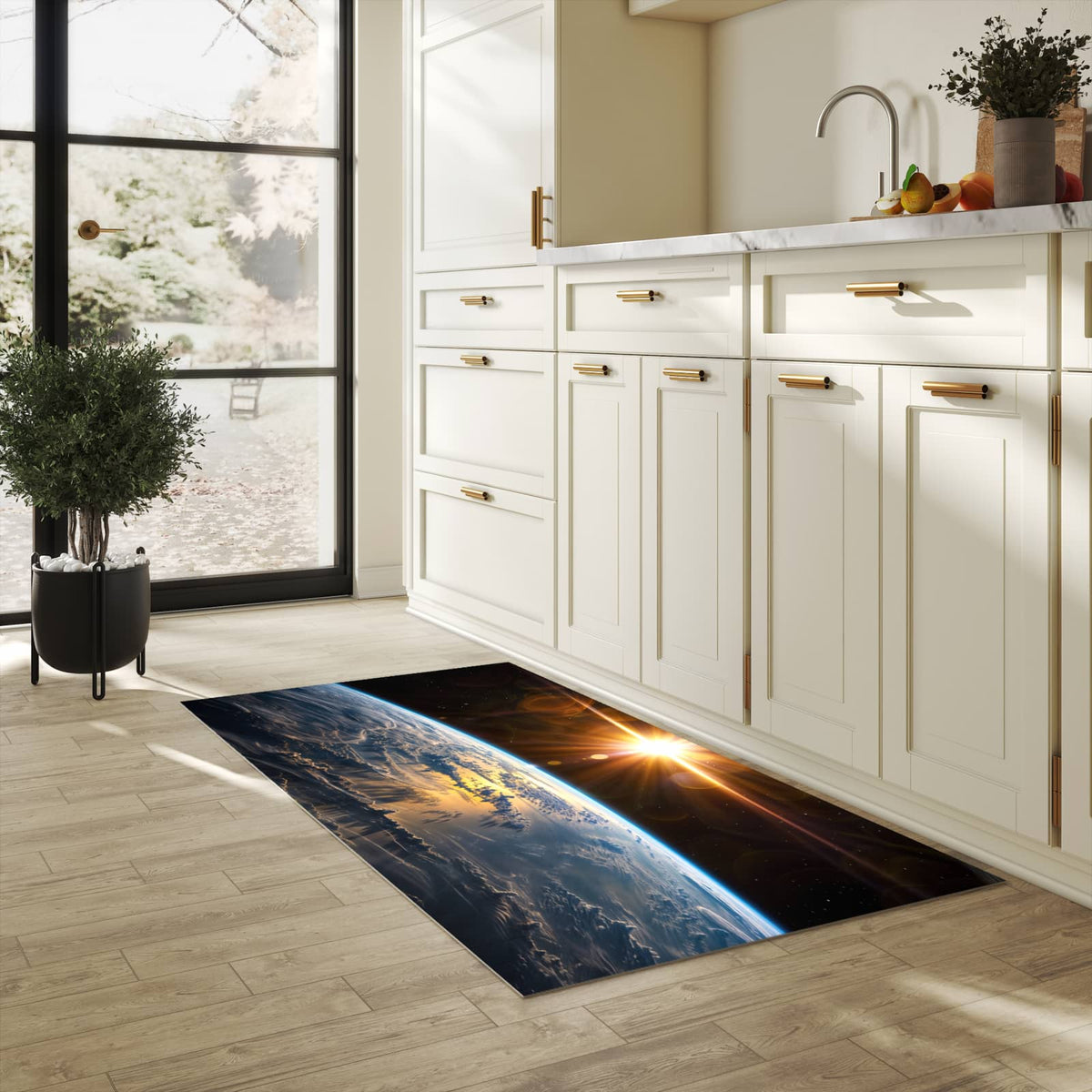 Langlebiger Küchenläufer mit Motiv Sonnenaufgang Erde in heller Küche