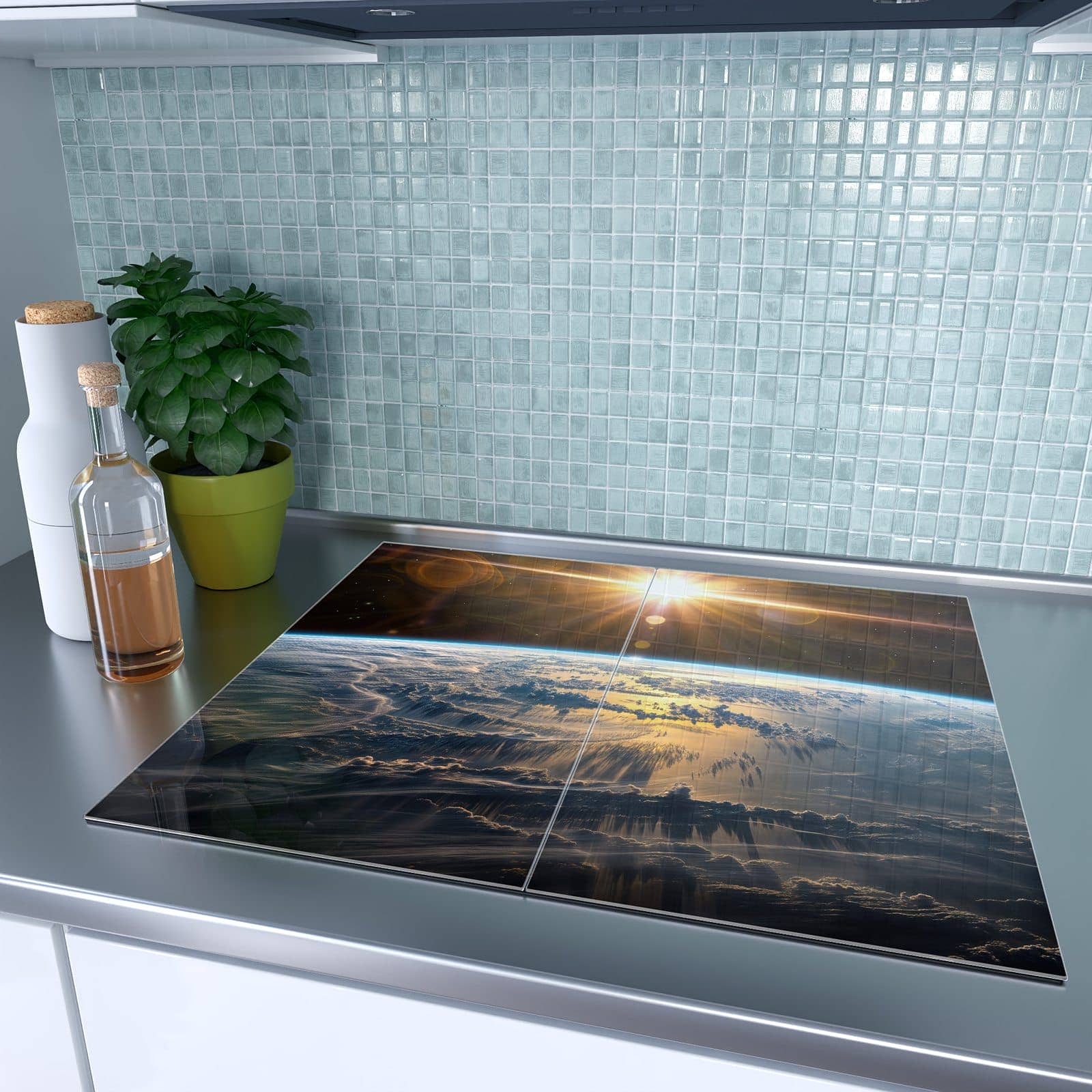 2-teilige Ceranfeld Abdeckplatten mit Sonnenaufgang & Erde-Motiv auf dem Ceranfeld