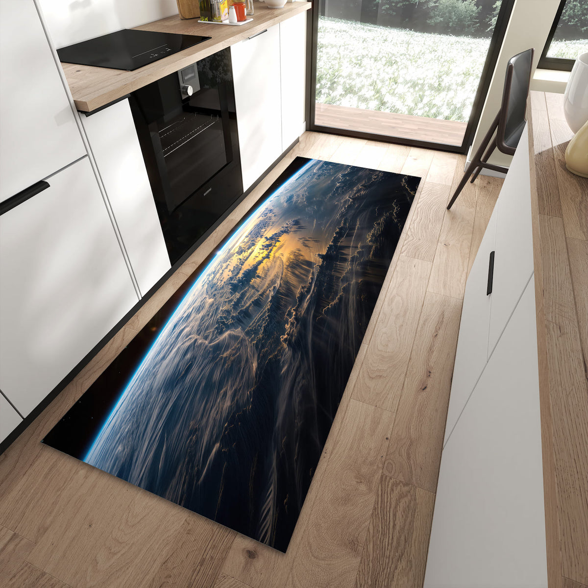 Wasserabweisender Küchenläufer mit Motiv Sonnenaufgang Erde in moderner Küche