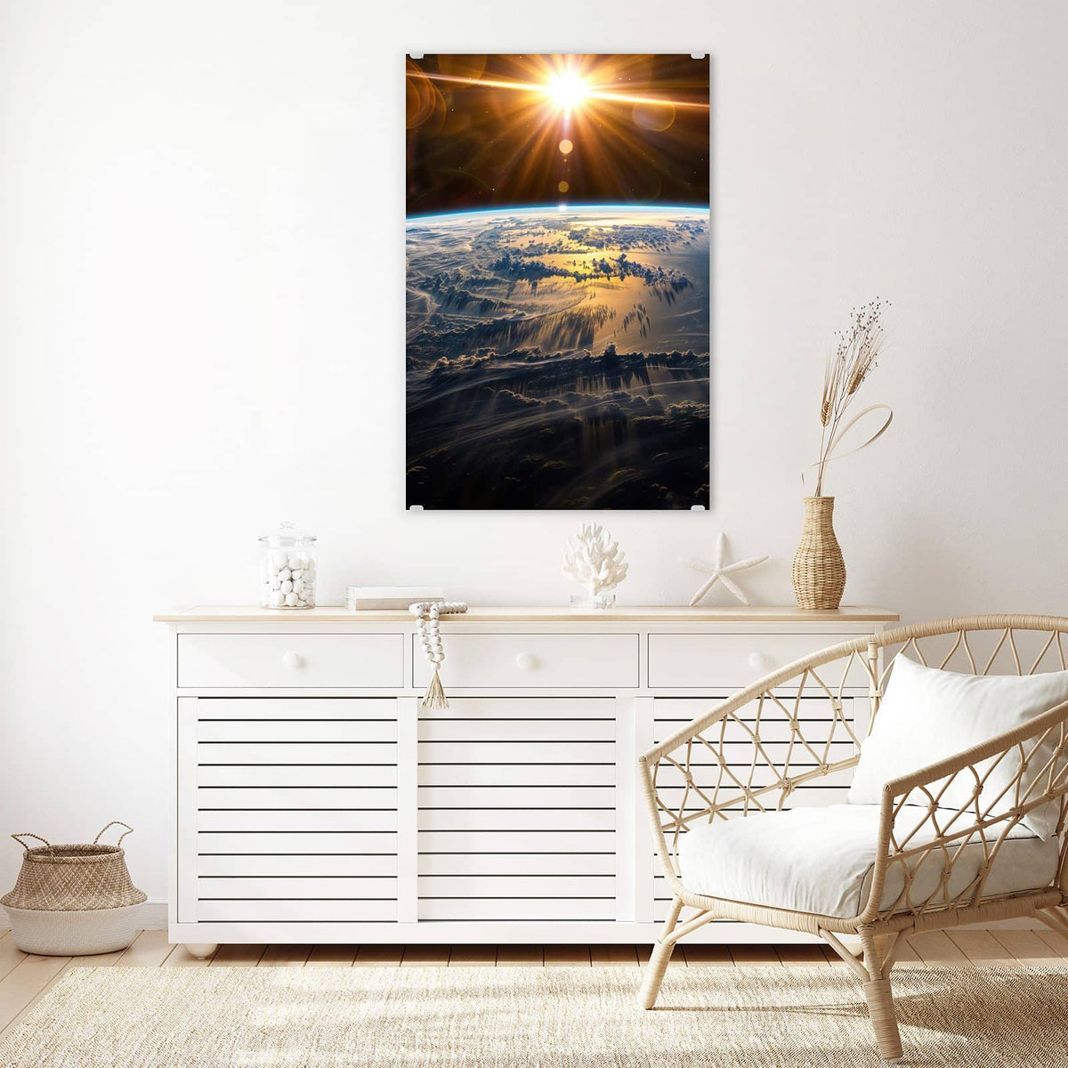Glasbild Goldener Sonnenaufgang an der Wand – Sonne bricht als goldener Stern über der Erdkrümmung hervor, Wolkendecke darunter