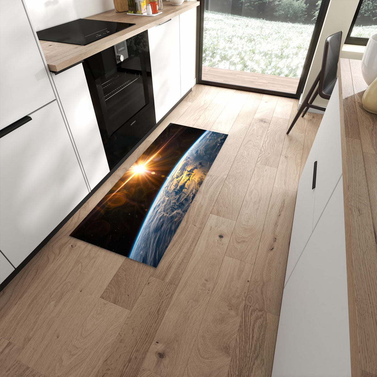 Bodenschonender Küchenläufer mit Motiv Sonnenaufgang Erde in moderner Küche #grösse_60 x 150 cm