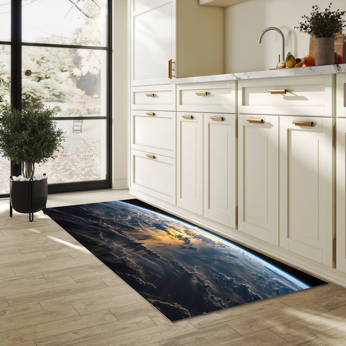 Rutschfester Küchenteppich mit Motiv Sonnenaufgang Erde in heller Küche