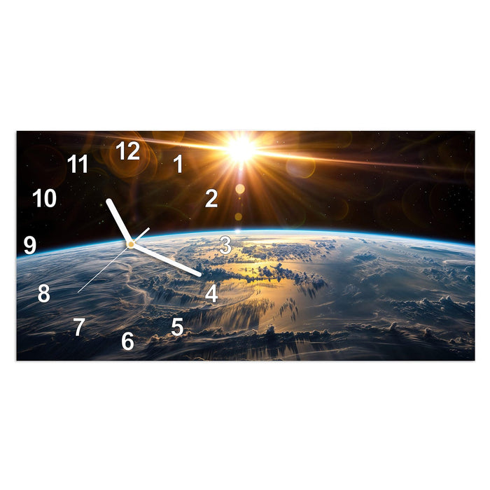 Wanduhr Sonnenaufgang & Erde aus Glas – Querformat 60 × 30 cm mit Ziffernblatt Modern