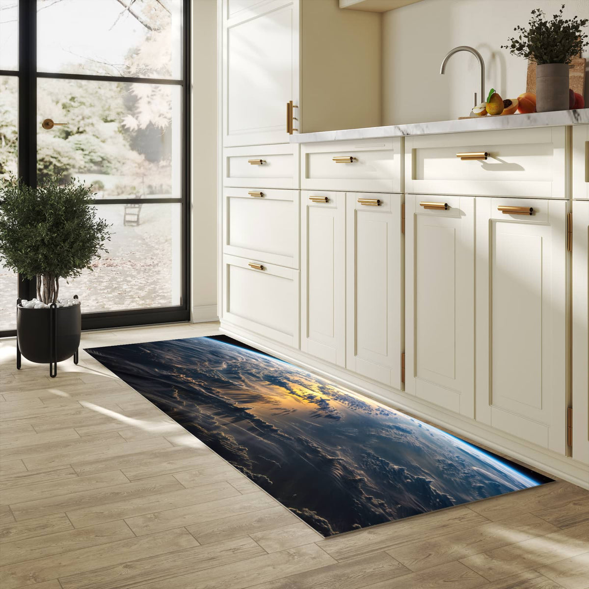 Hygienischer moderner Küchenläufer mit Motiv Sonnenaufgang Erde in heller Küche