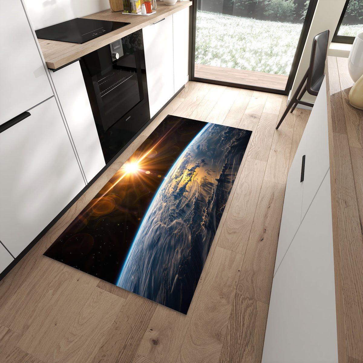 Komfortabler Küchenläufer mit Motiv Sonnenaufgang Erde in moderner Küche