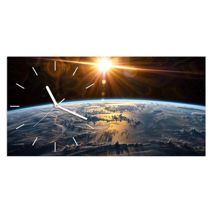 Wanduhr Sonnenaufgang & Erde aus Glas – Querformat 60 × 30 cm mit Ziffernblatt Linie