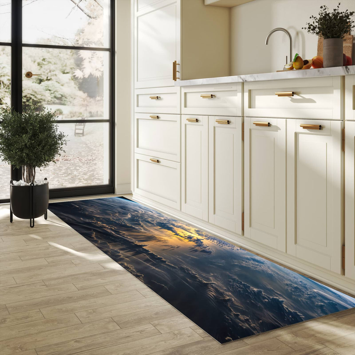 Abwaschbarer Küchenteppich mit Motiv Sonnenaufgang Erde in heller Küche