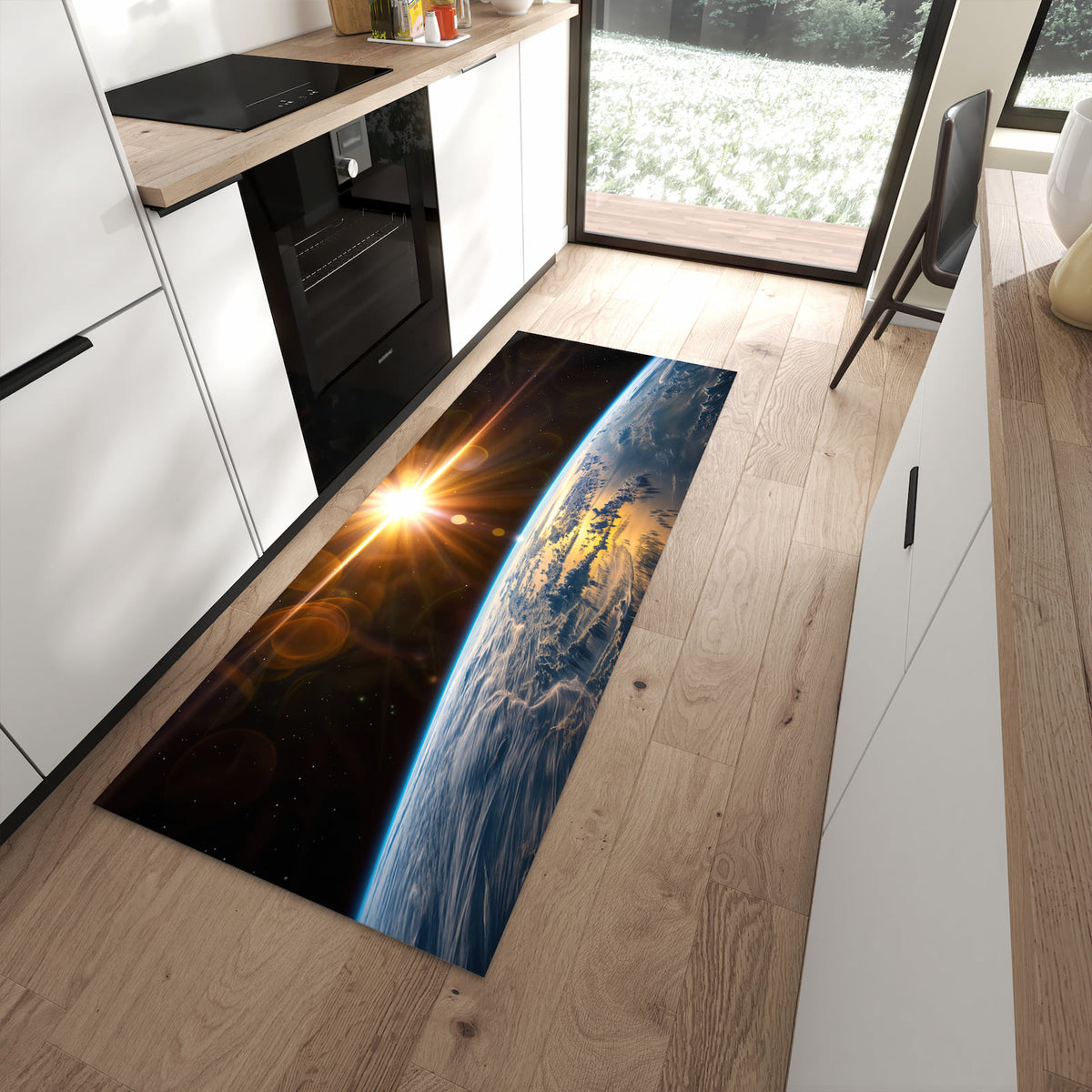 Zeitsparender rutschfester Küchenläufer mit Motiv Sonnenaufgang Erde in moderner Küche